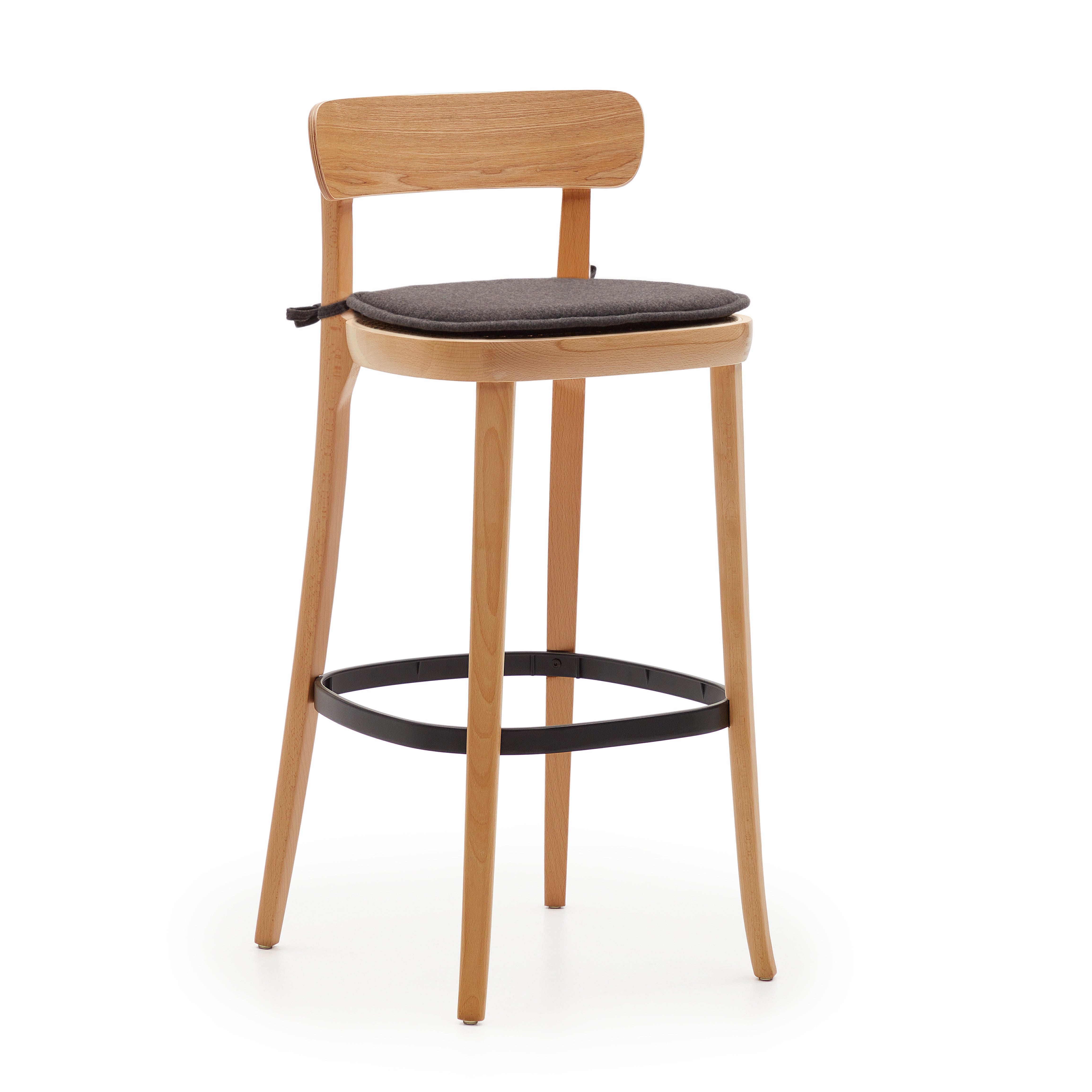 Romane beechwood stool with a black finish, ash wood veneer and ratan seat height 75 cm - Product Image