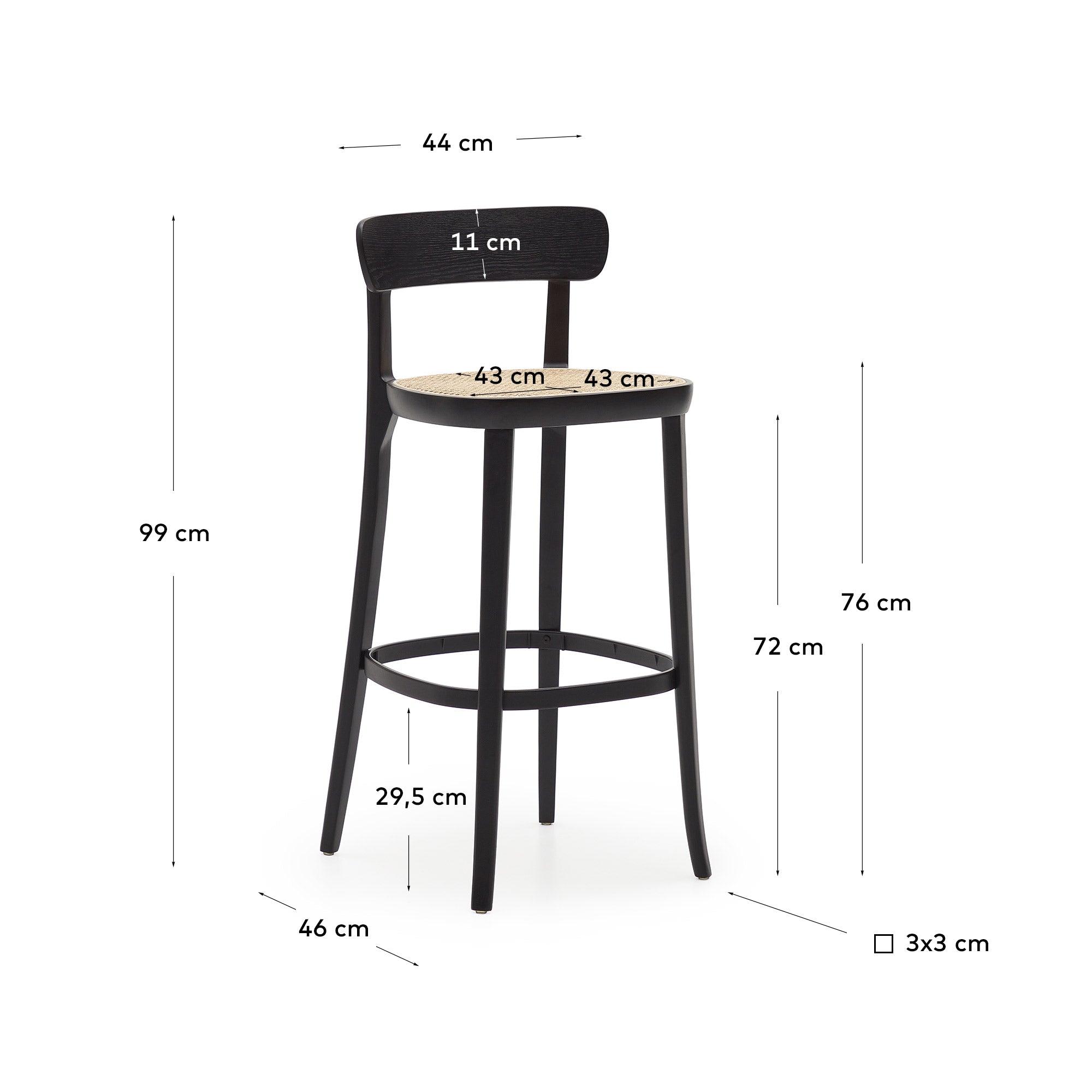 Romane beechwood stool with a black finish, ash wood veneer and ratan seat height 75 cm - Measurements