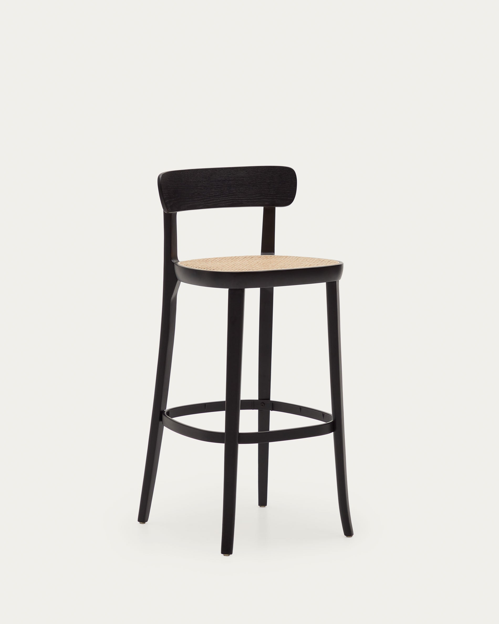 Romane beechwood stool with a black finish, ash wood veneer and ratan seat height 75 cm - Product View