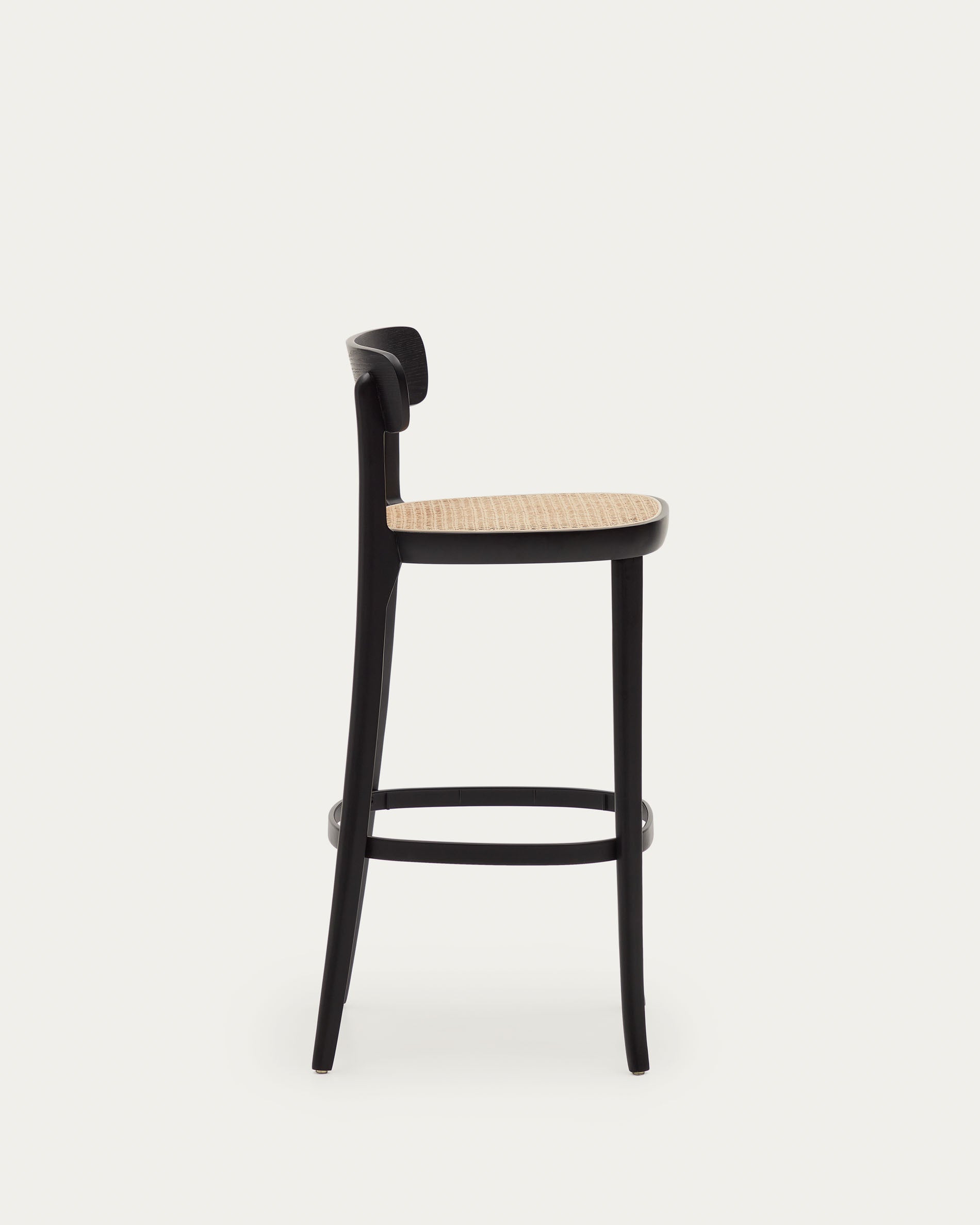 Romane beechwood stool with a black finish, ash wood veneer and ratan seat height 75 cm - Product View