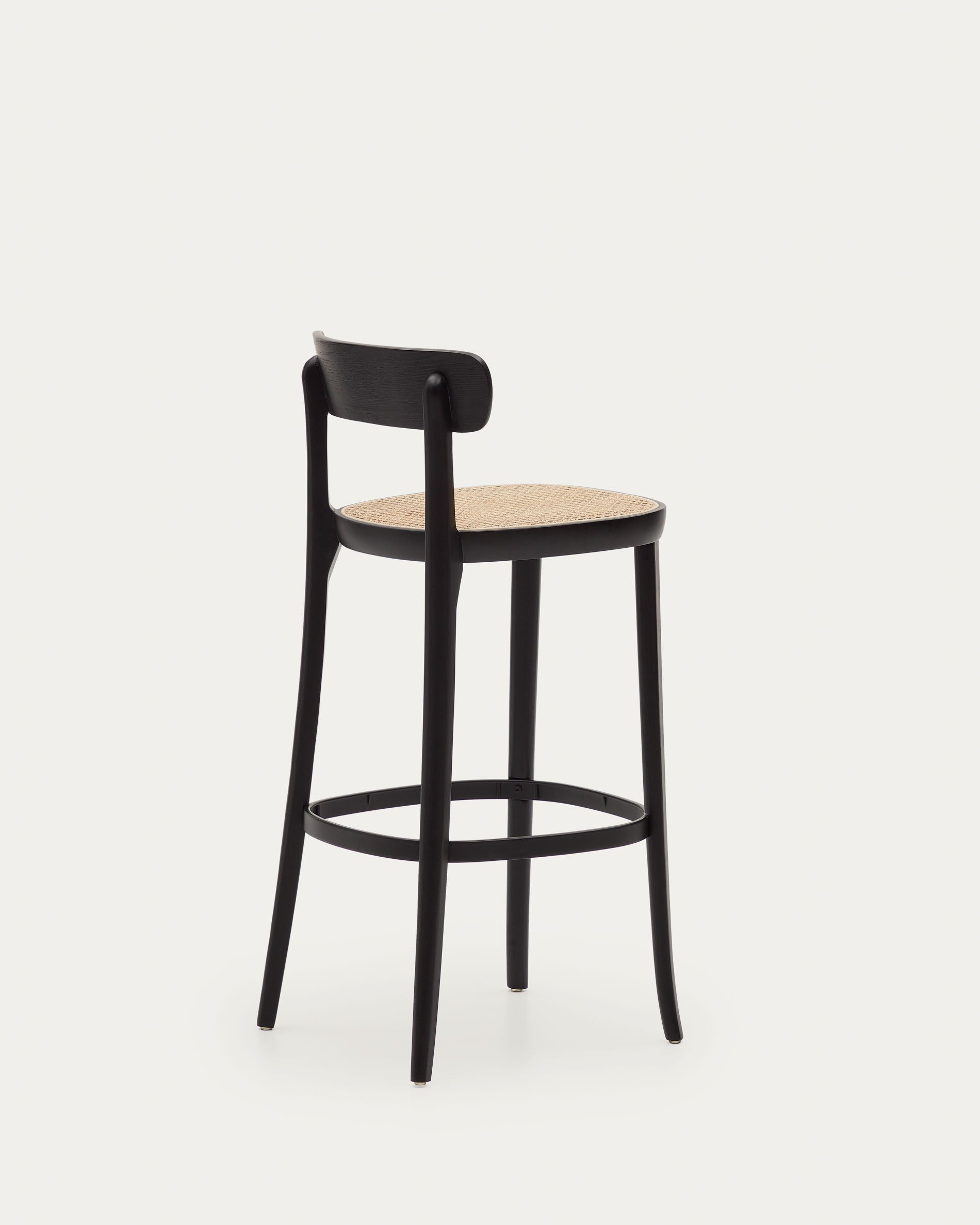 Romane beechwood stool with a black finish, ash wood veneer and ratan seat height 75 cm - Product View