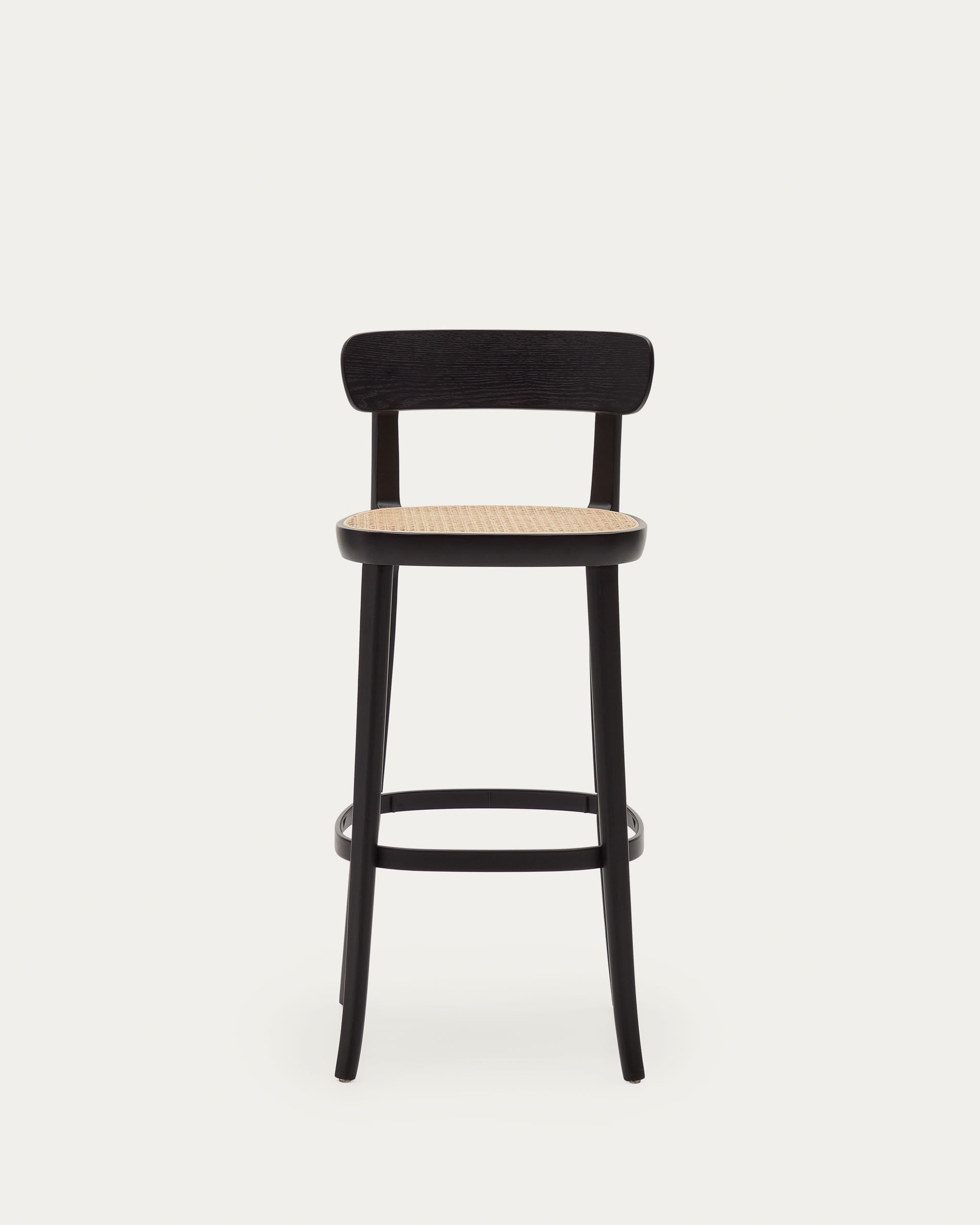 Romane beechwood stool with a black finish, ash wood veneer and ratan seat height 75 cm - Product View