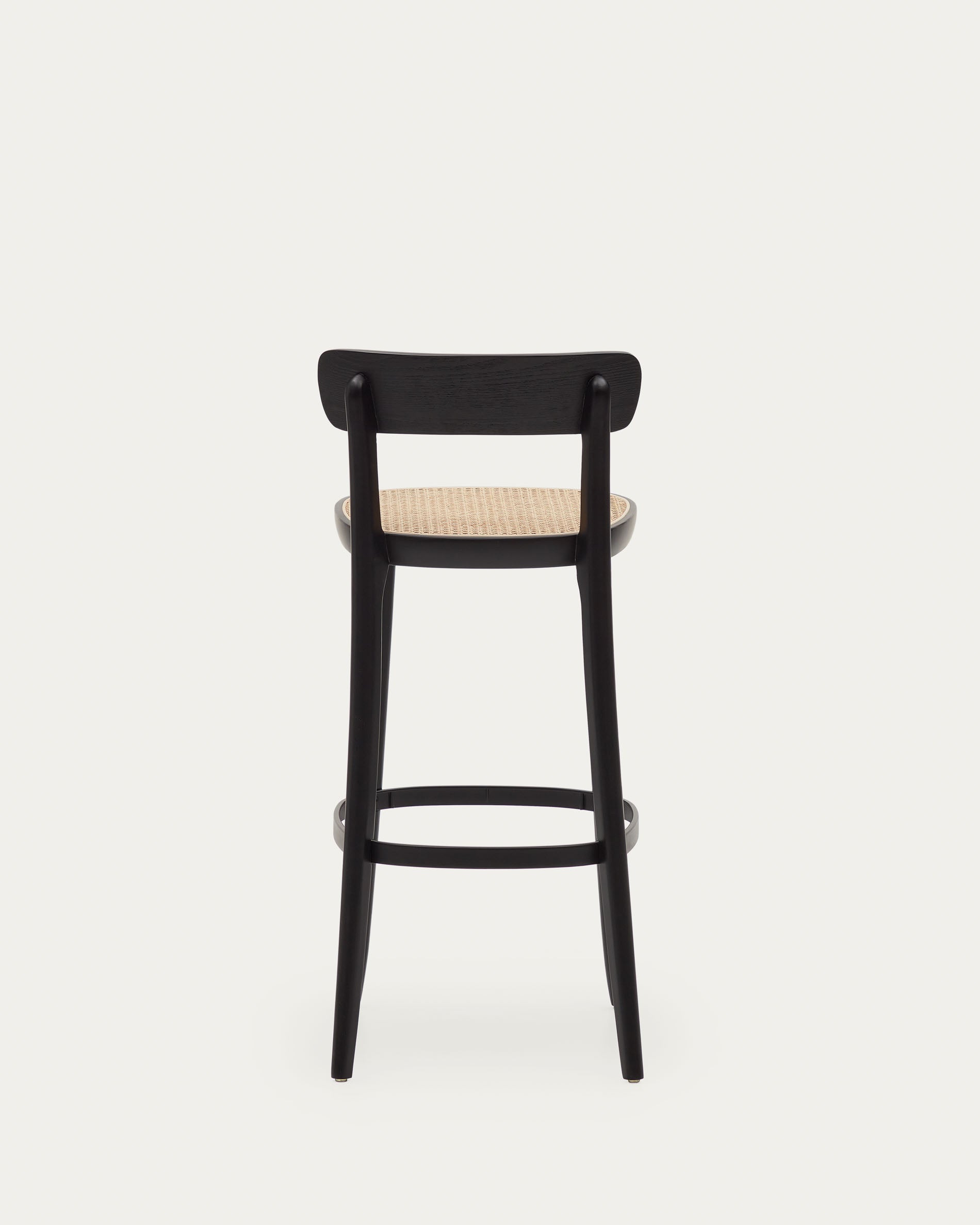 Romane beechwood stool with a black finish, ash wood veneer and ratan seat height 75 cm - Product View