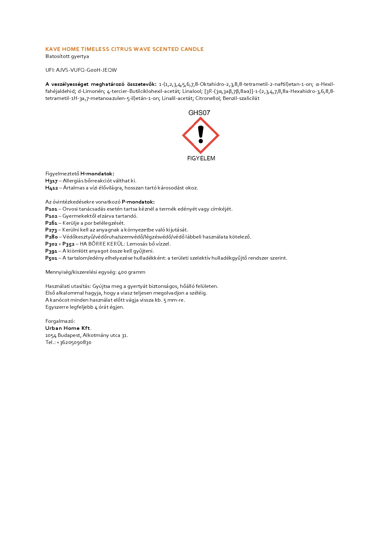 400g Citromhullám illatgyertya