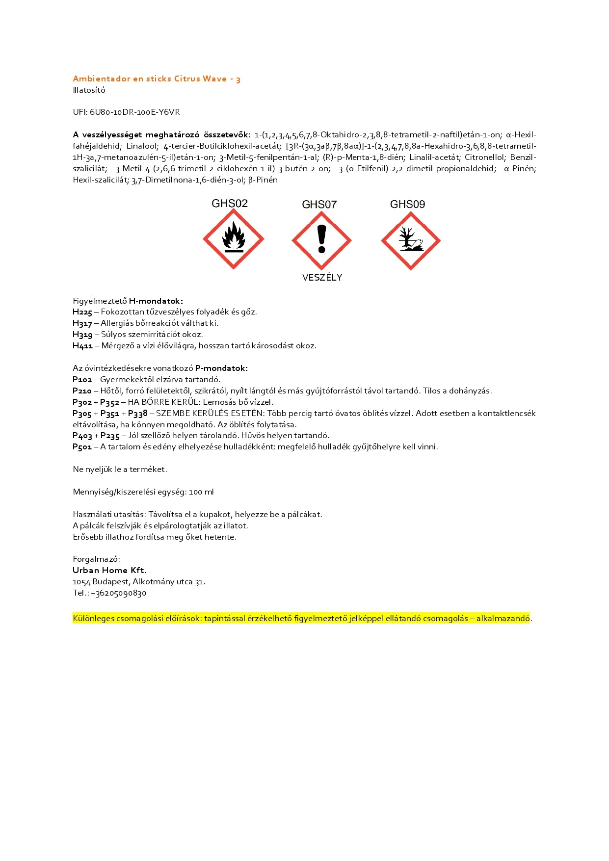 100ml Citrus Wave illat diffúzor utántöltő