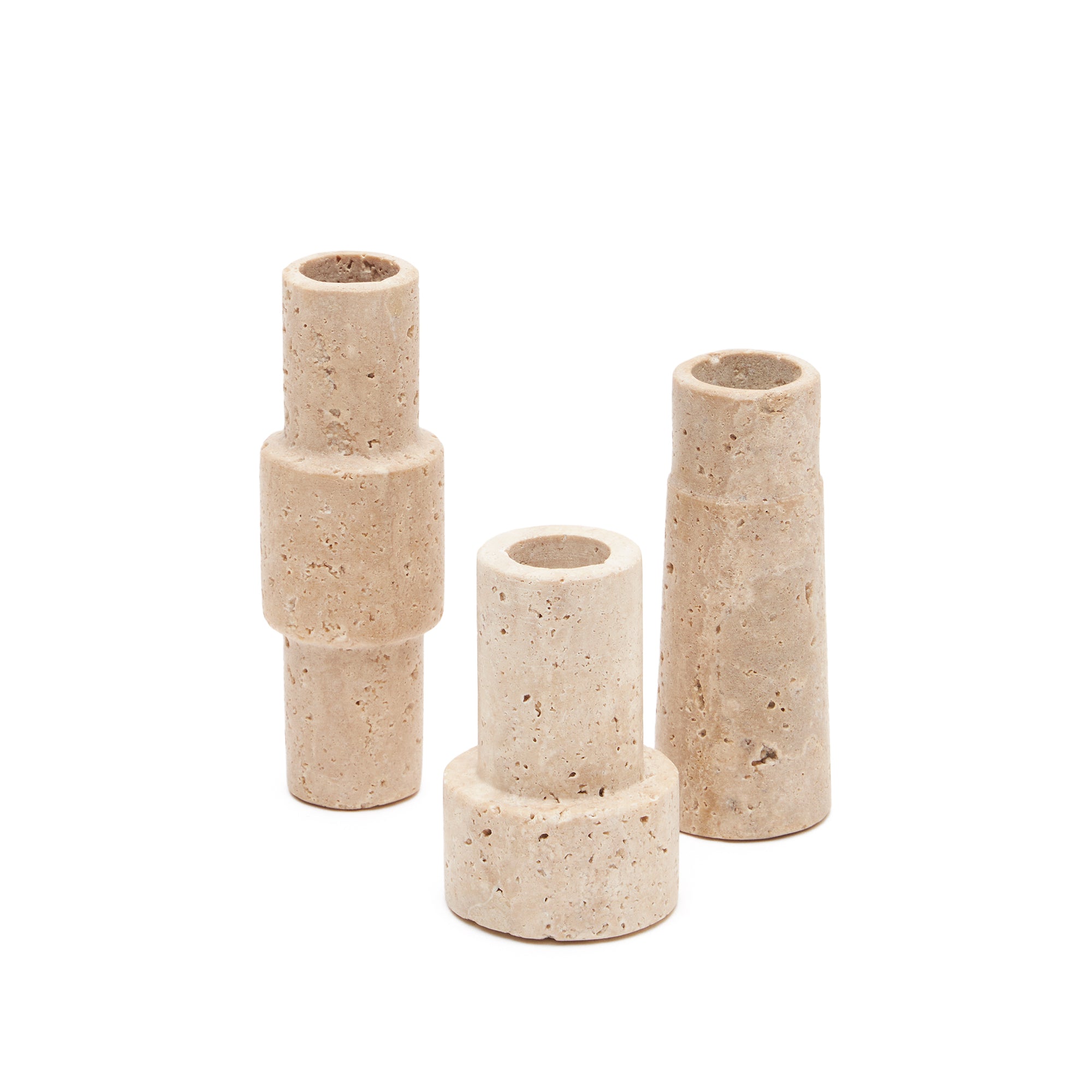 Majid set of 3 beige travertine candle holders - Product Image