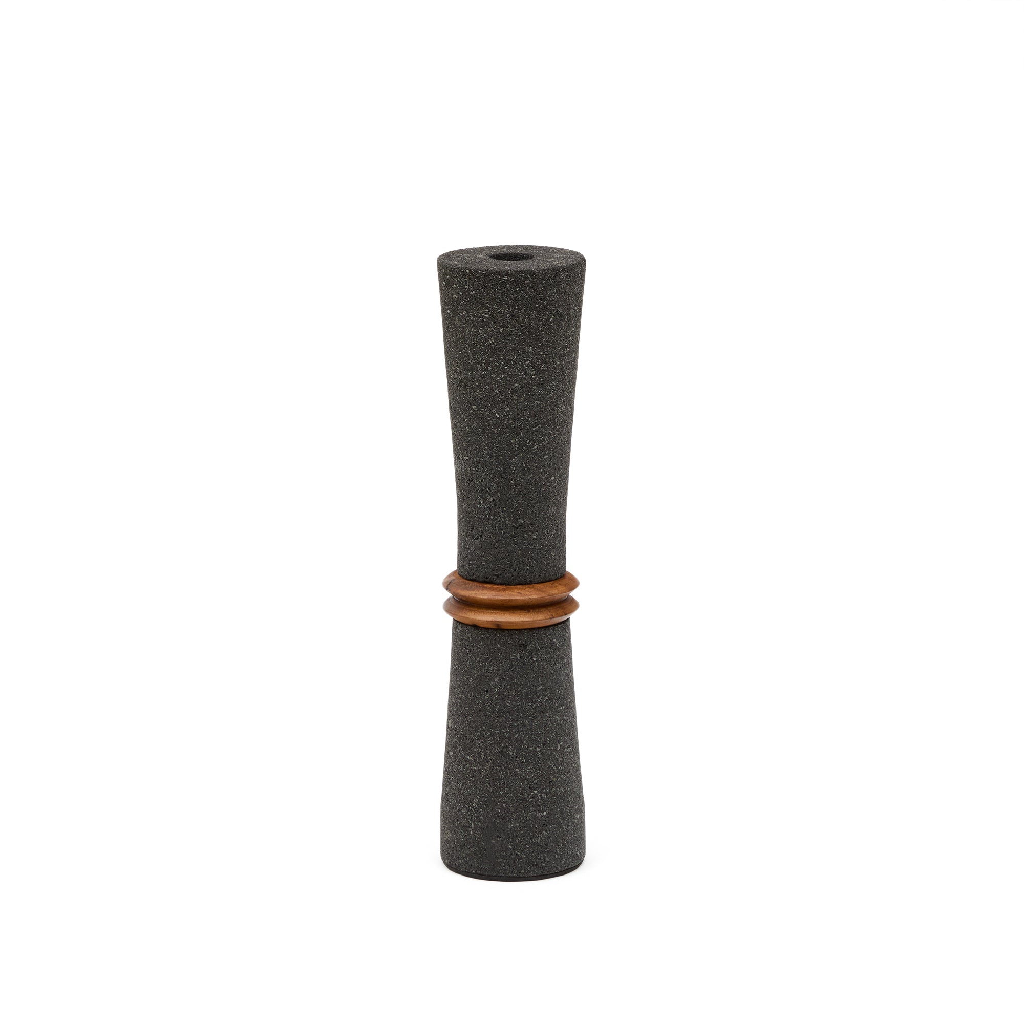 Naro vase in black stone and teak wood 30cm - Product Image