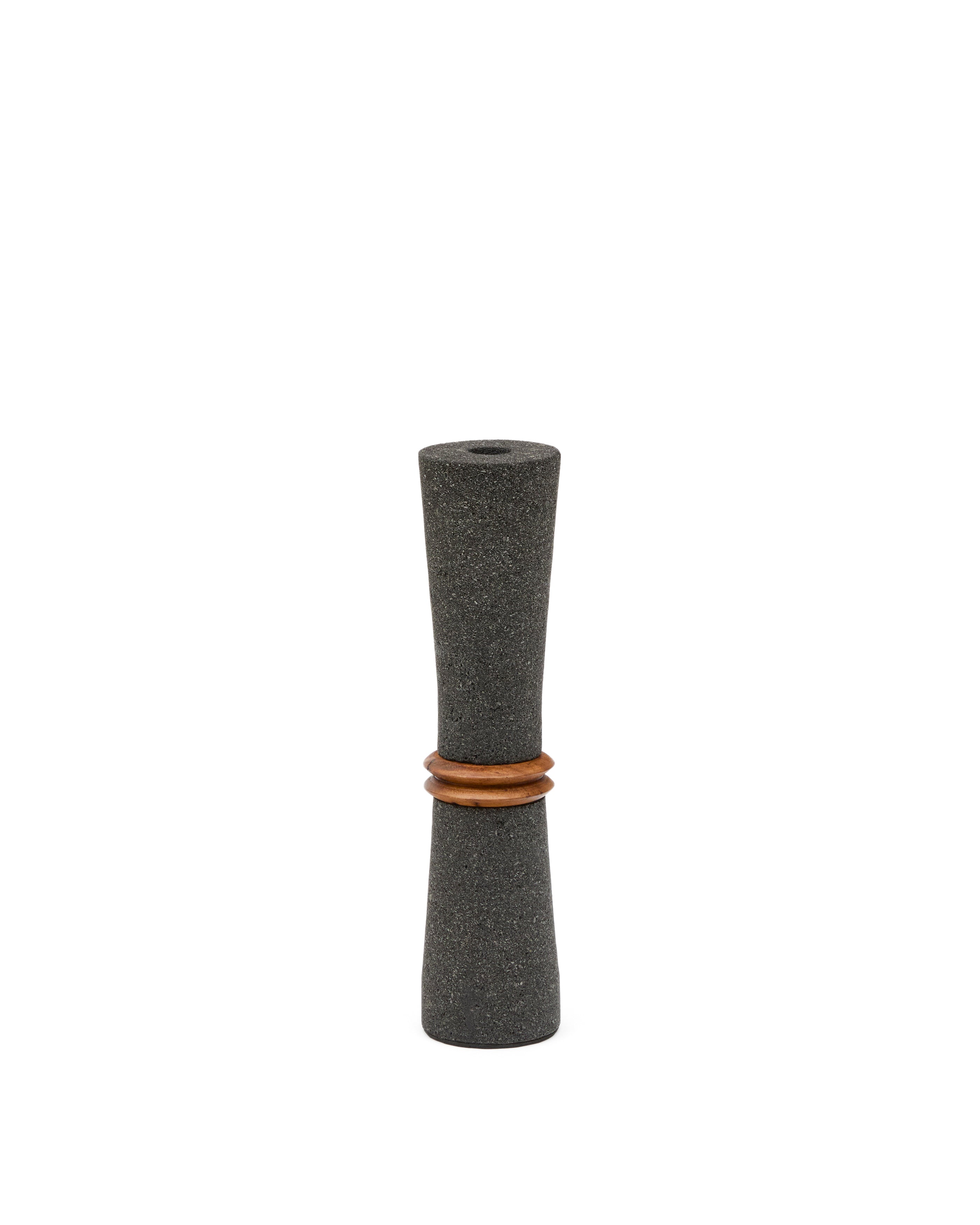 Naro vase in black stone and teak wood 30cm - Product Image