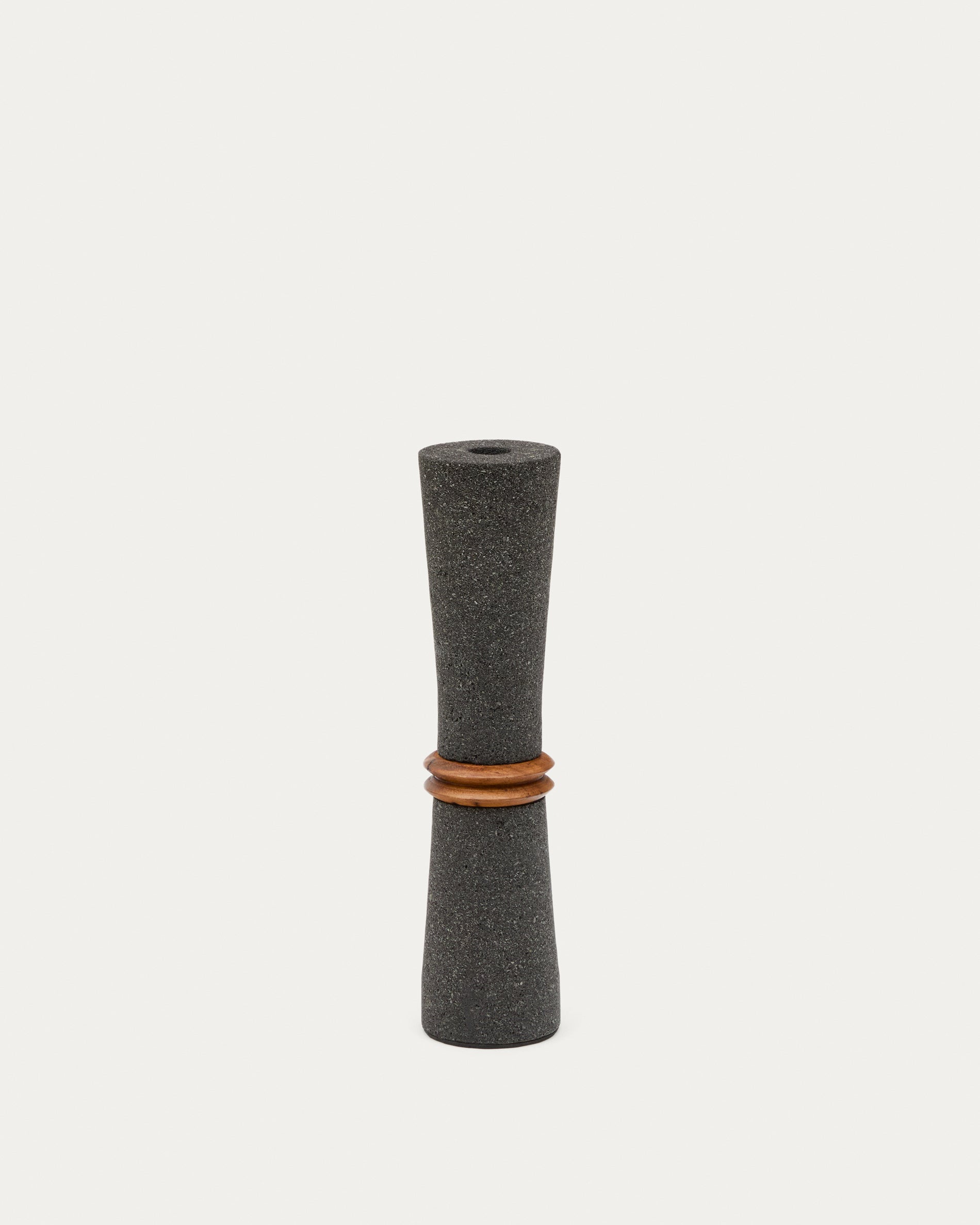 Naro vase in black stone and teak wood 30cm - Product View