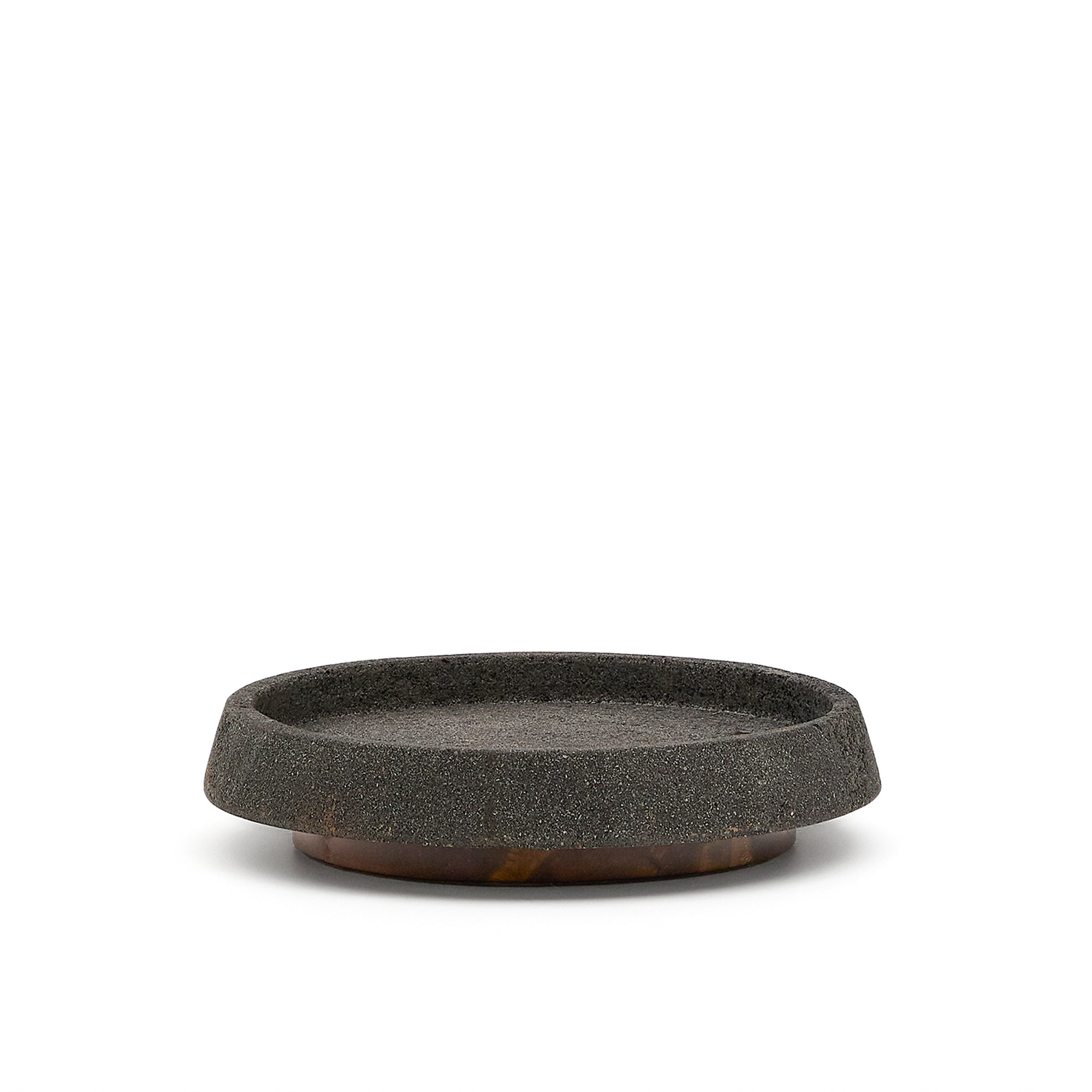 Naro centrepiece in black stone and teak wood Ø38cm - Product Image