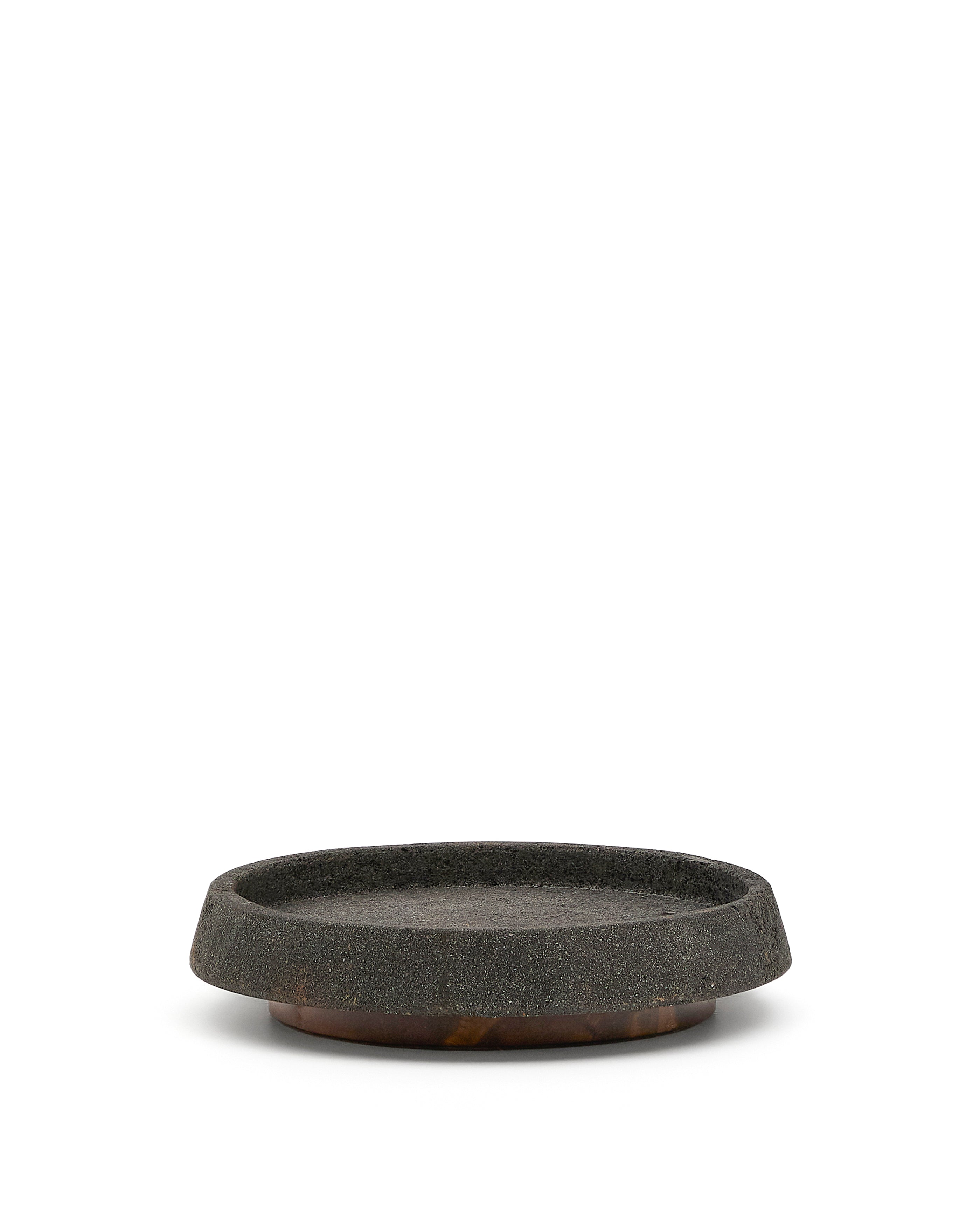 Naro centrepiece in black stone and teak wood Ø38cm - Product Image