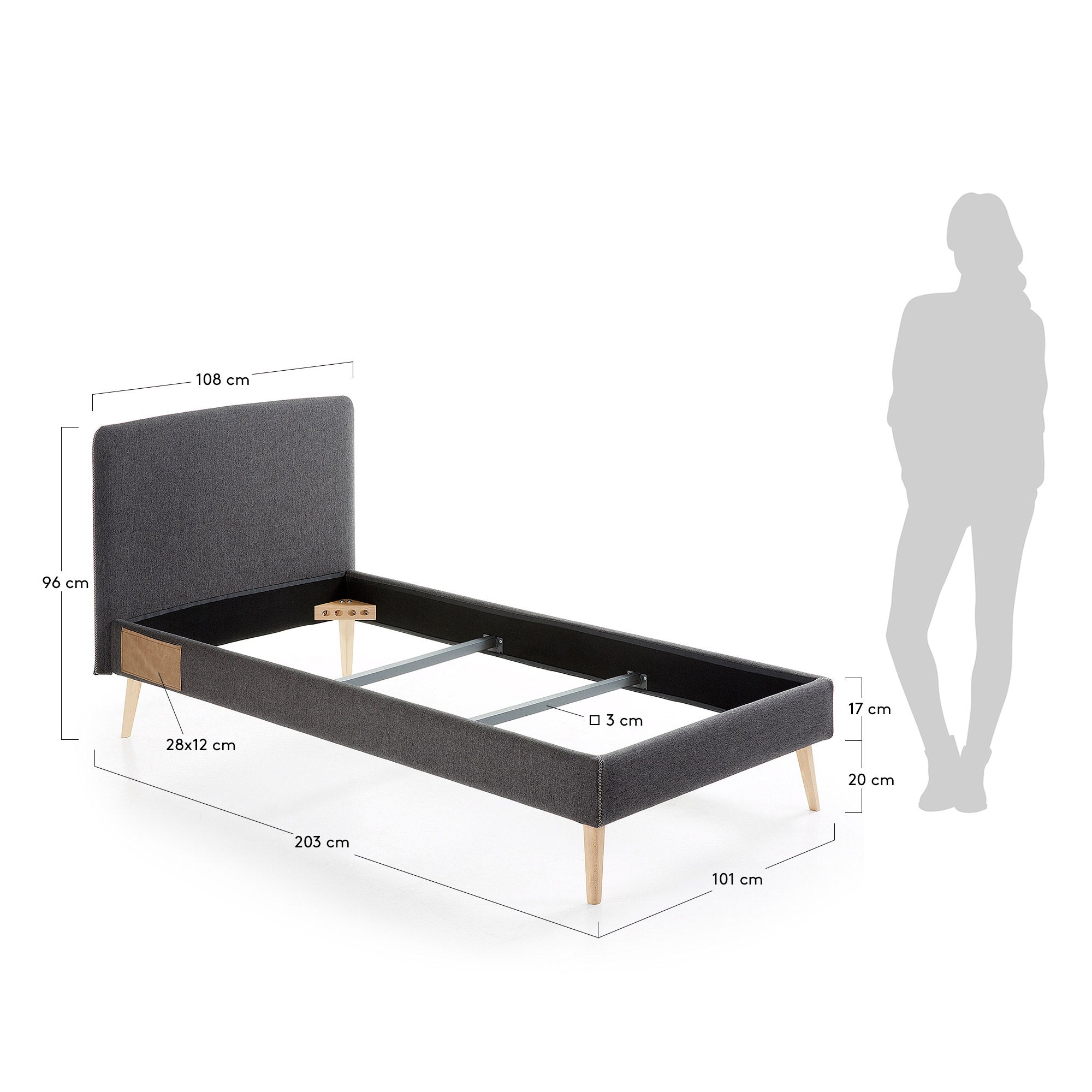 Dyla bed with removable cover in black white solid beech wood legs, for a 90 x 190 cm mattress - Measurements