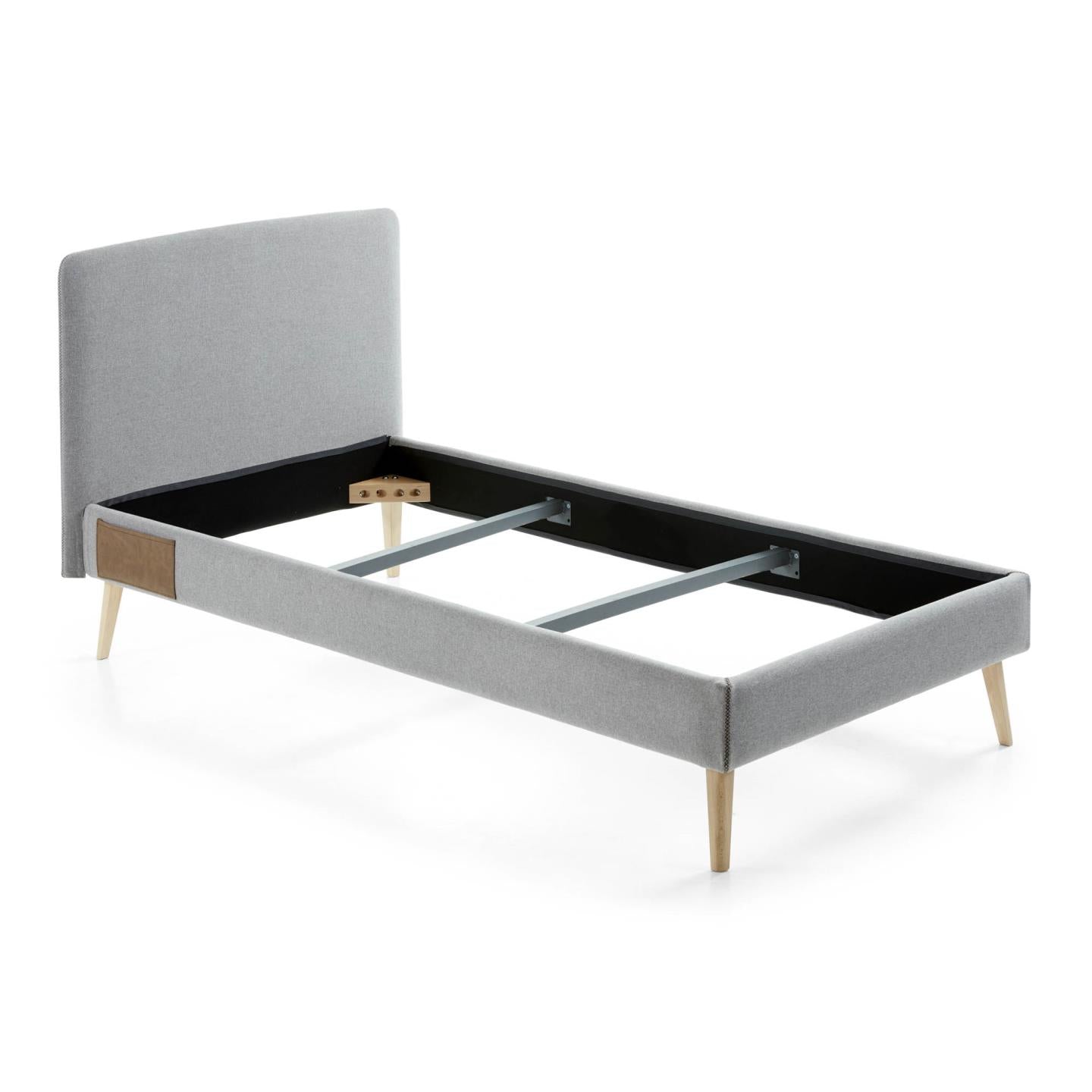 Dyla bed with removable cover in light grey, with solid beech wood legs for a 90 x 190 cm mattress - Product Image