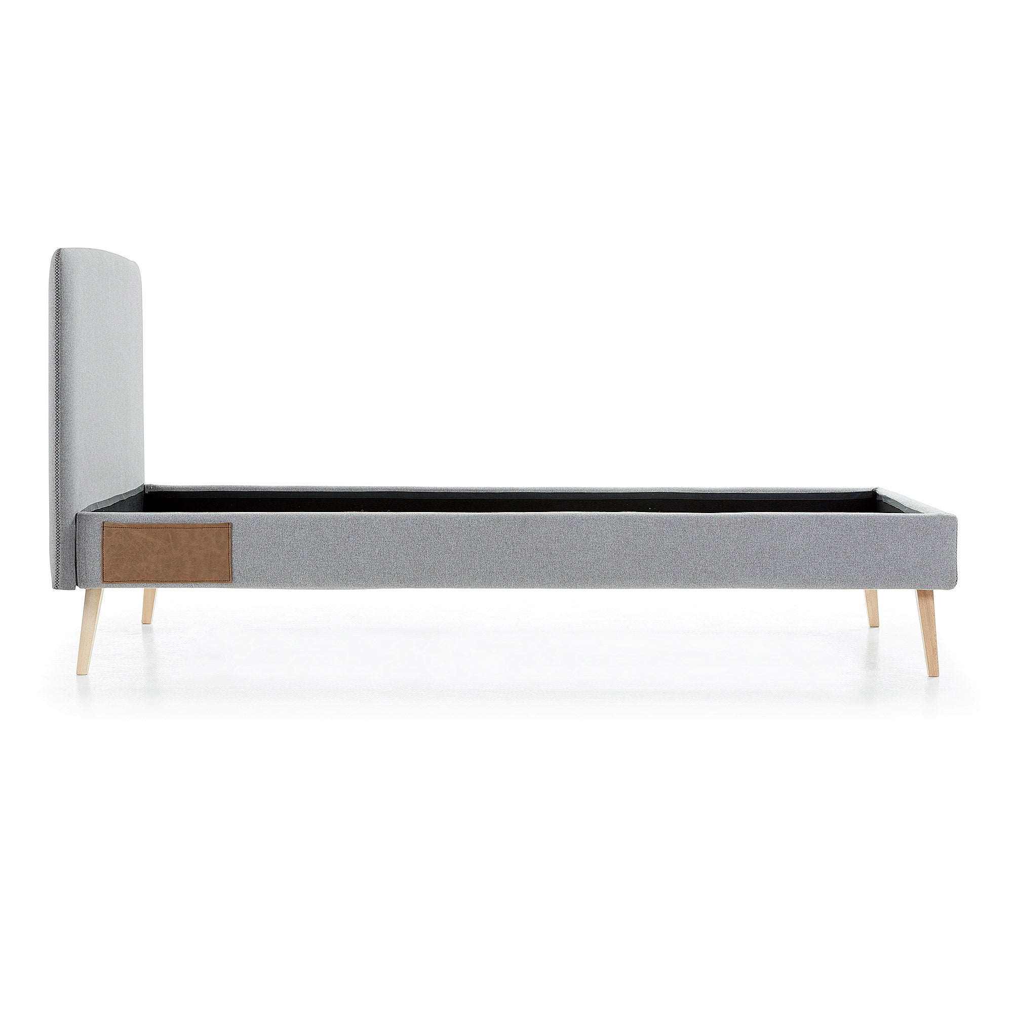 Dyla bed with removable cover in light grey, with solid beech wood legs for a 90 x 190 cm mattress - Product Image