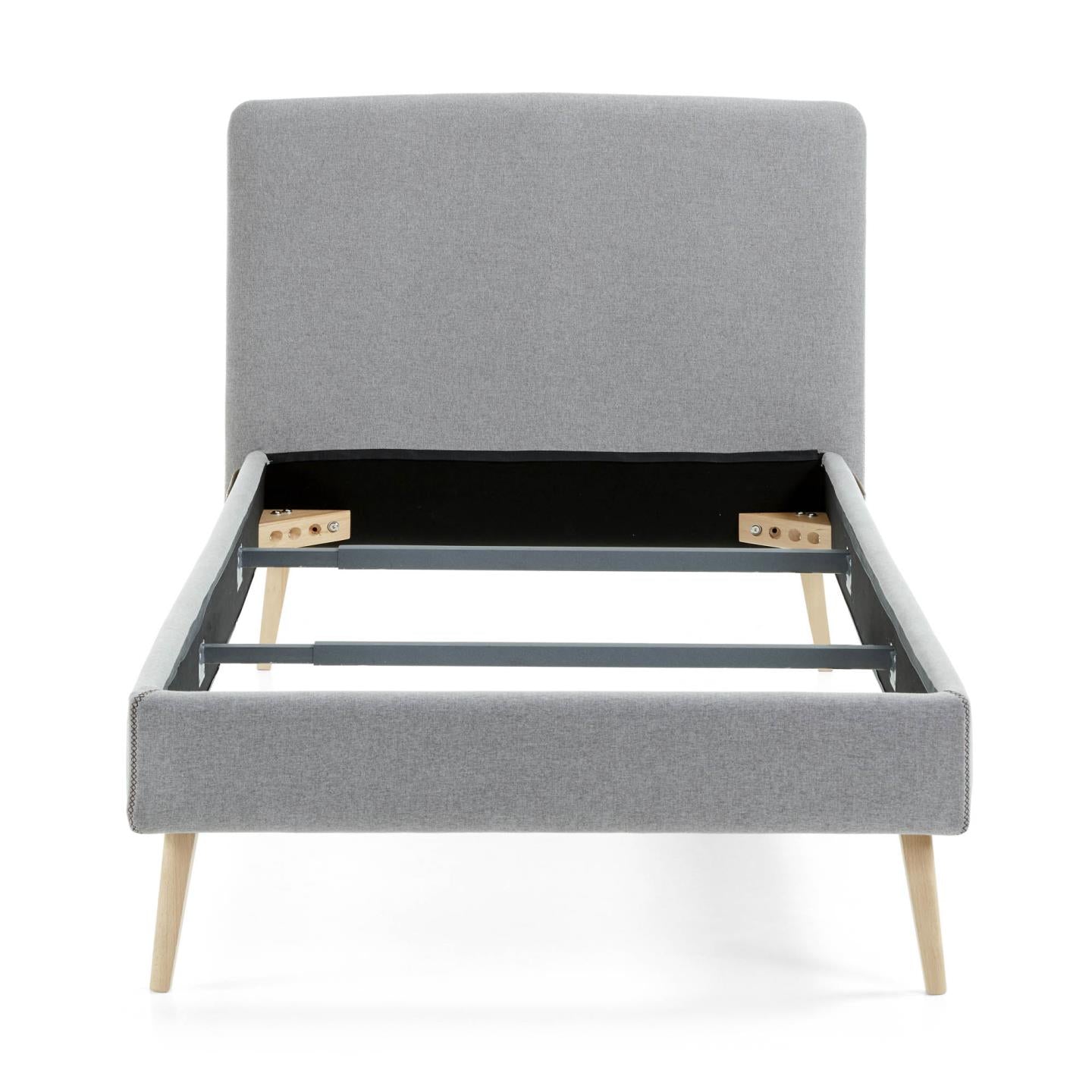 Dyla bed with removable cover in light grey, with solid beech wood legs for a 90 x 190 cm mattress - Product Image