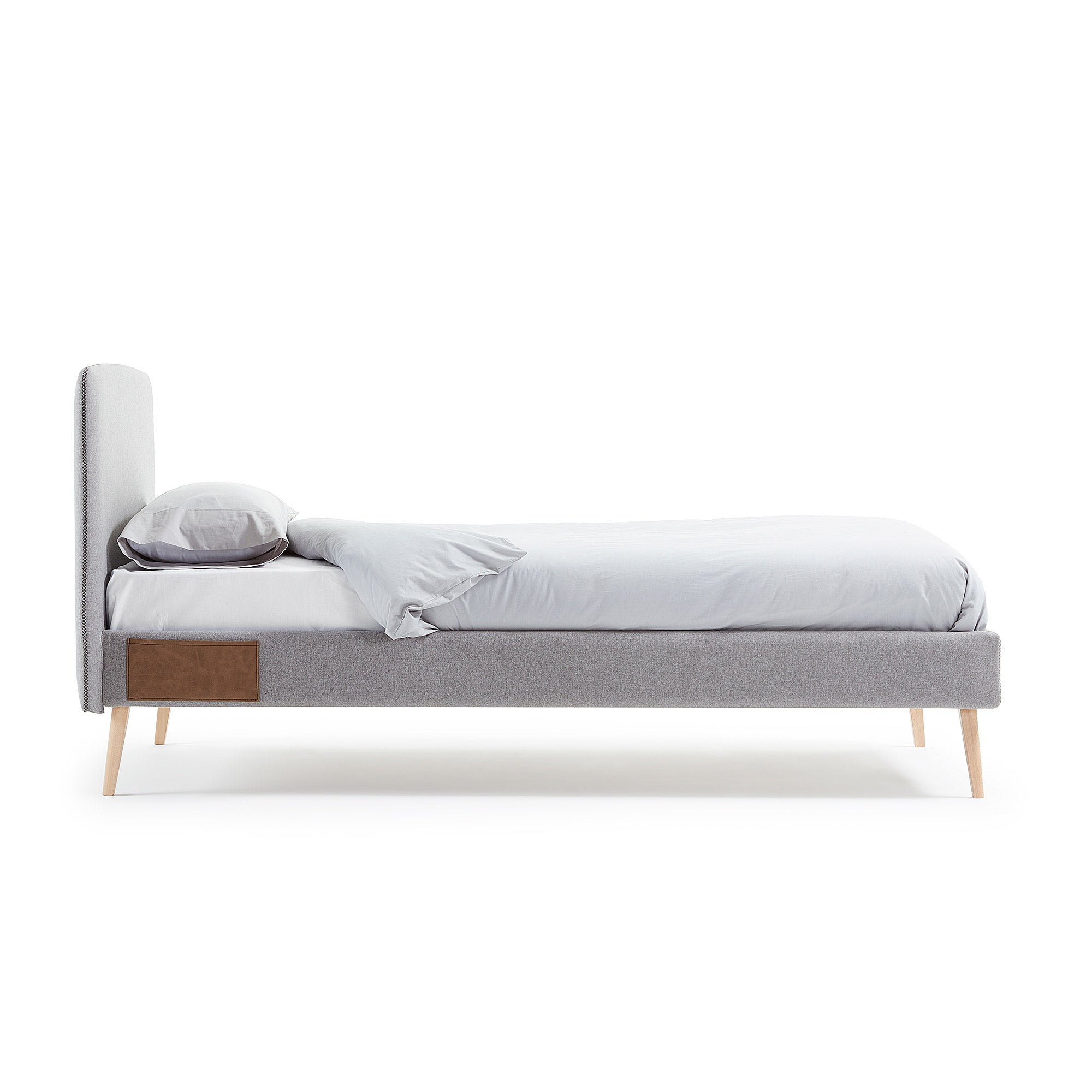Dyla bed with removable cover in light grey, with solid beech wood legs for a 90 x 190 cm mattress - Product Image