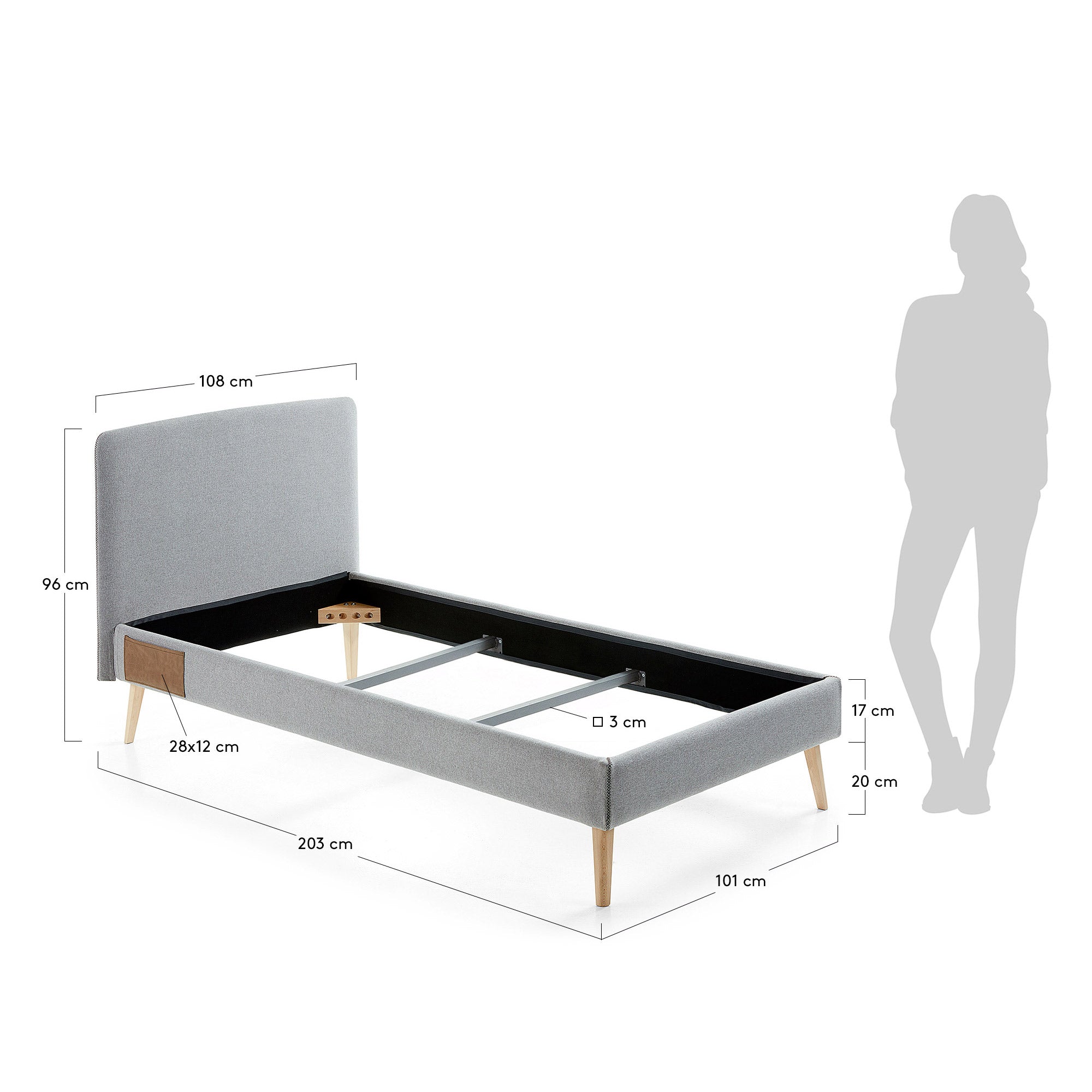 Dyla bed with removable cover in light grey, with solid beech wood legs for a 90 x 190 cm mattress - Measurements