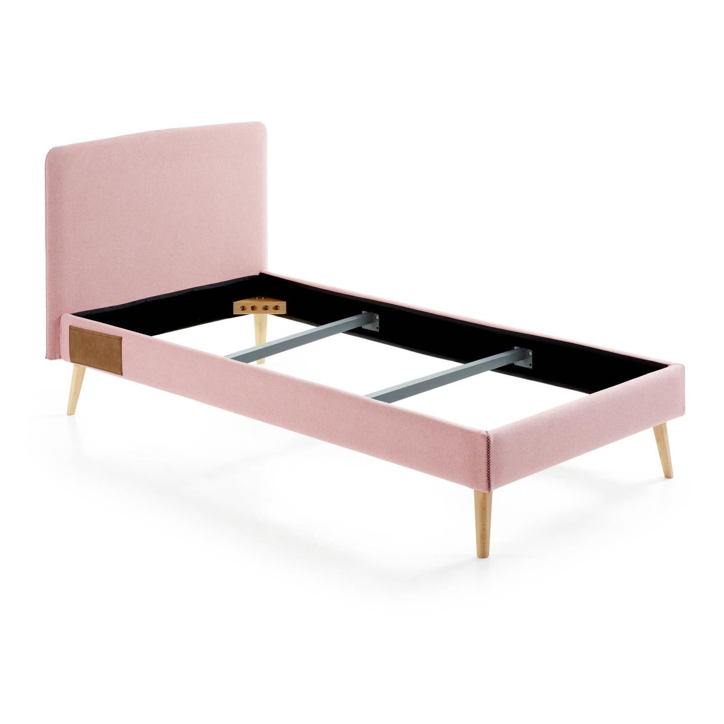 Dyla bed with removable cover in pink, with solid beech wood legs for a 90 x 190 cm mattress - Product Image