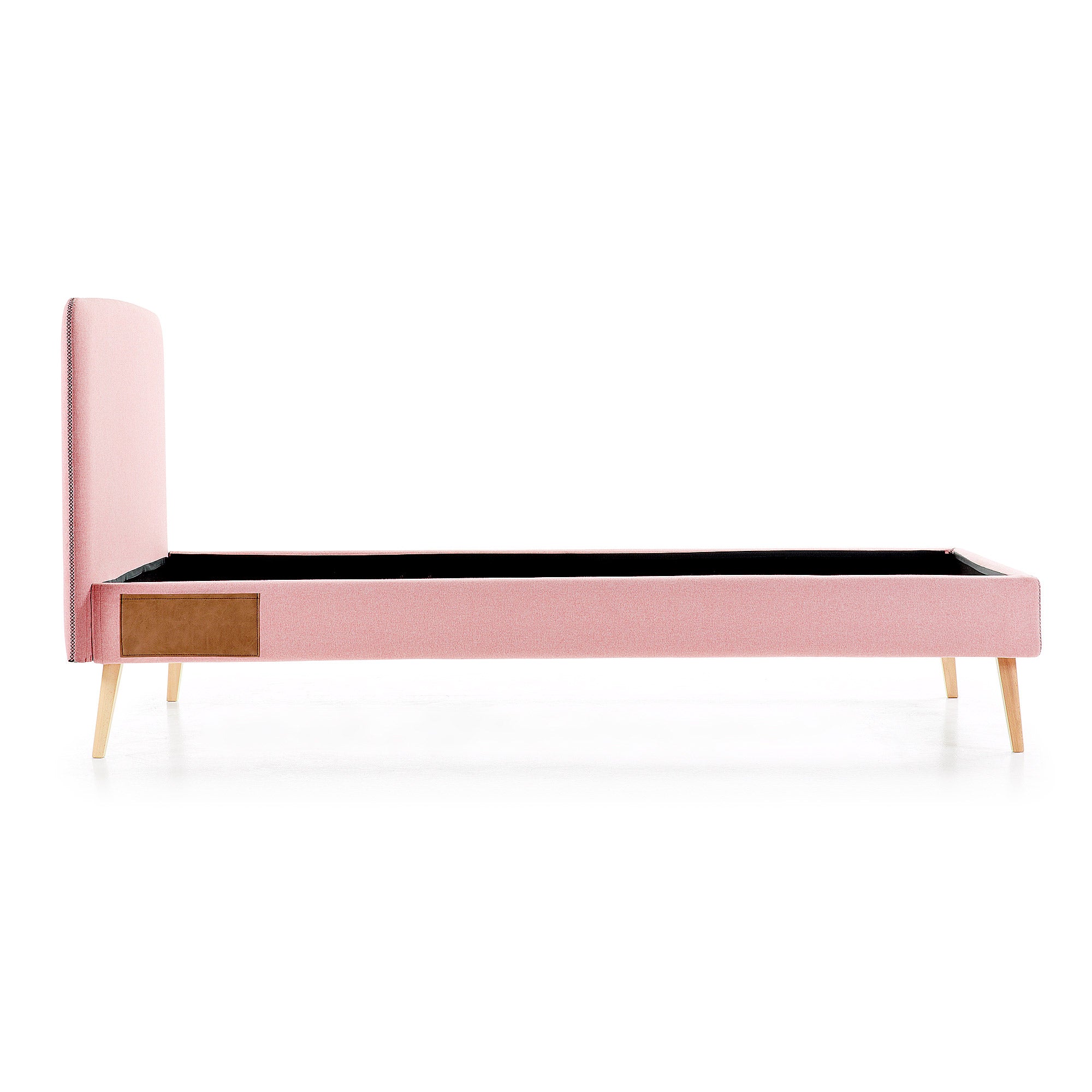 Dyla bed with removable cover in pink, with solid beech wood legs for a 90 x 190 cm mattress - Product Image