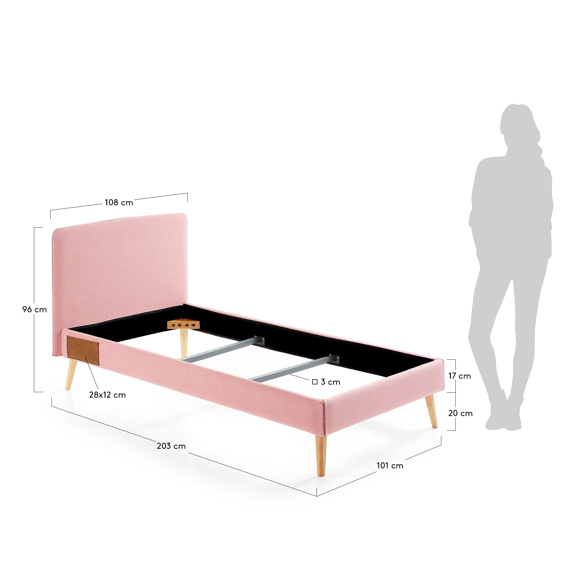 Dyla bed with removable cover in pink, with solid beech wood legs for a 90 x 190 cm mattress - Measurements