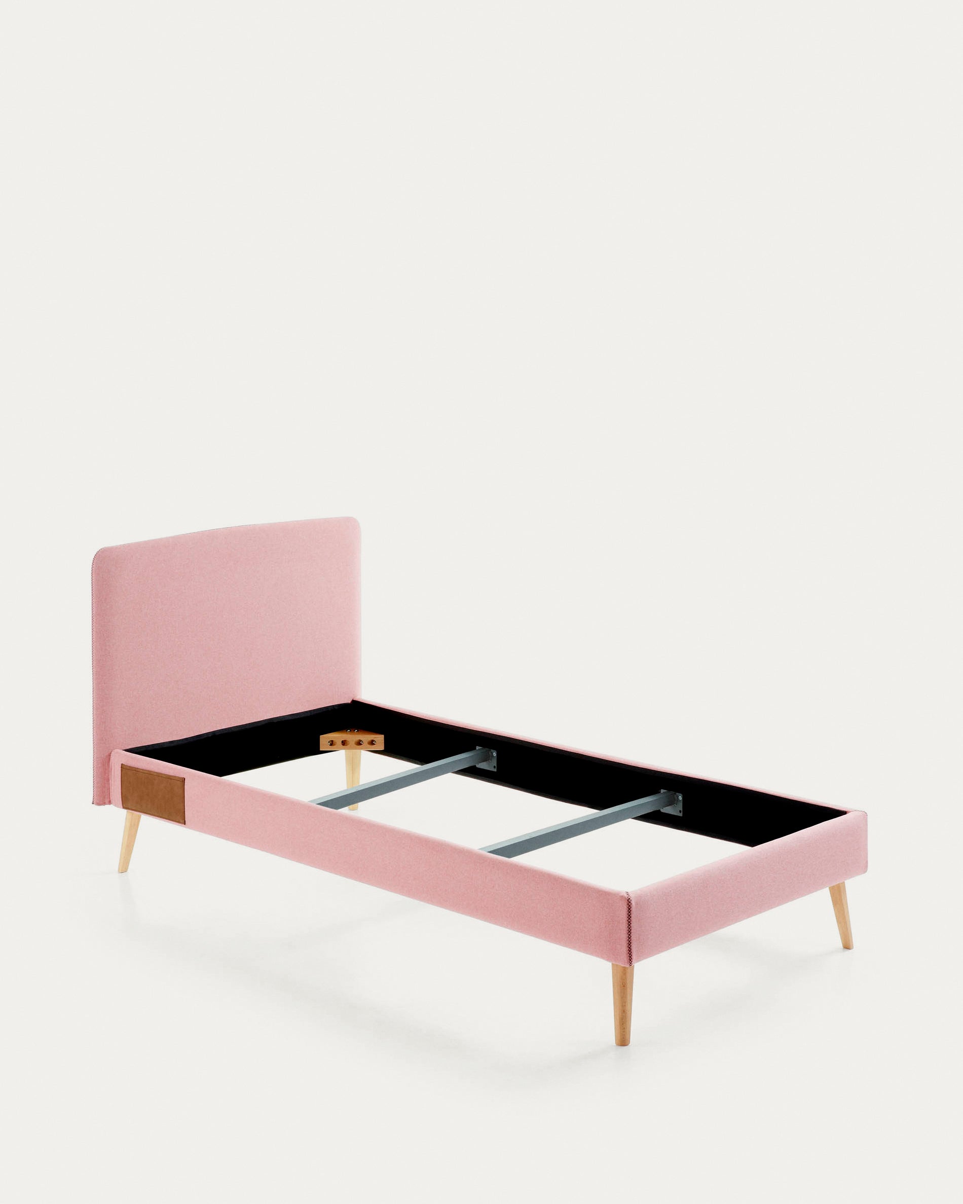 Dyla bed with removable cover in pink, with solid beech wood legs for a 90 x 190 cm mattress - Product View