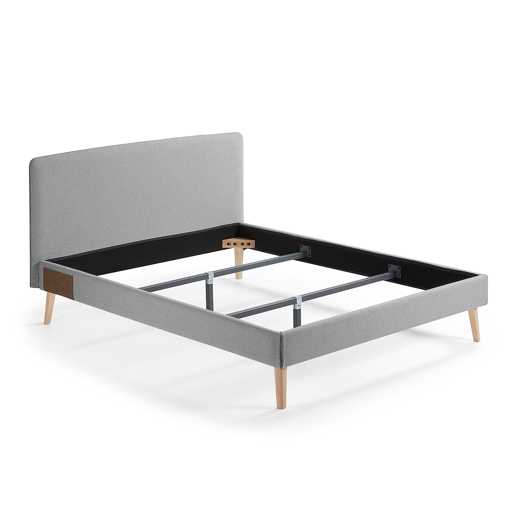 Dyla bed with removable cover in grey, with solid beech wood legs for a 150 x 190 cm mattress - Product Image