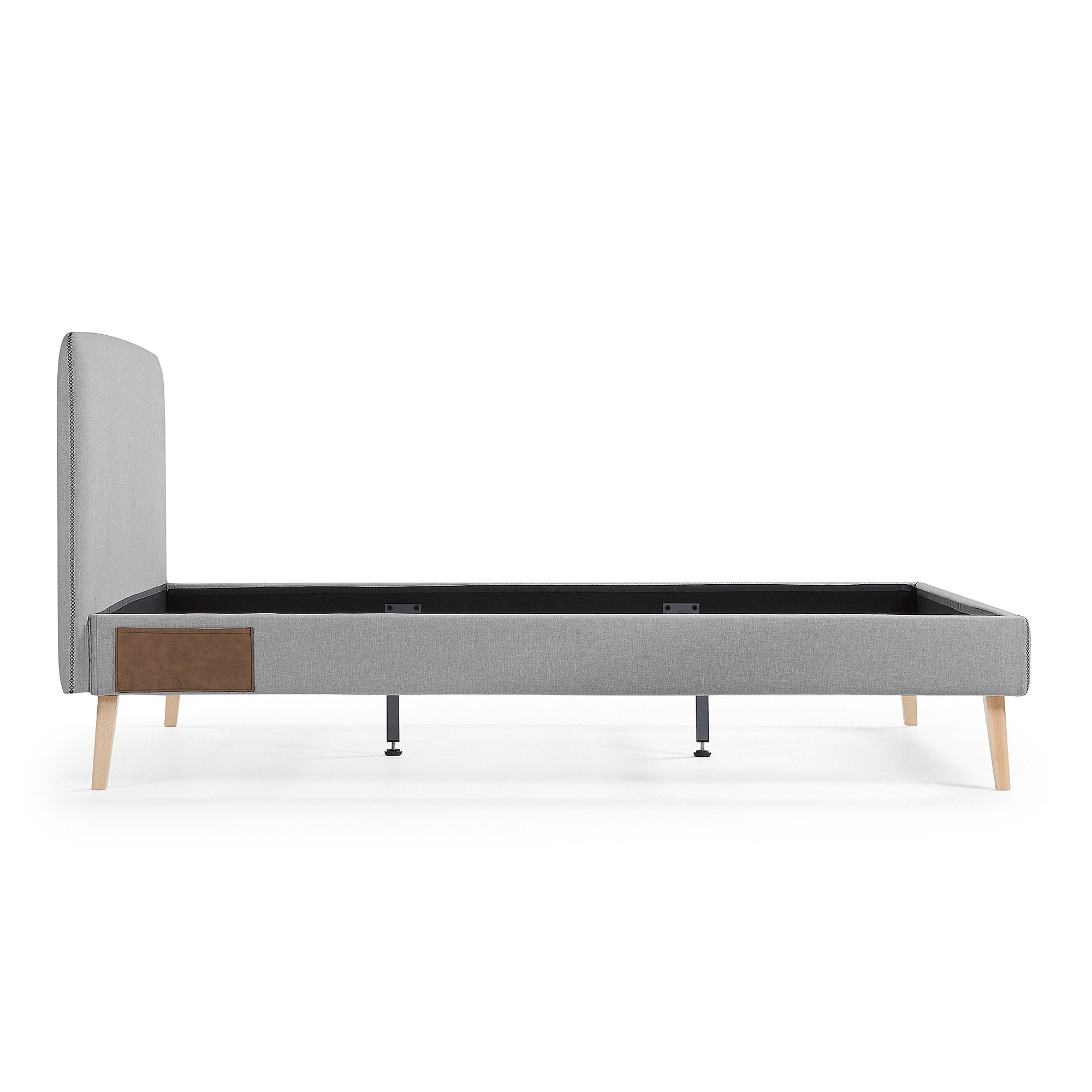 Dyla bed with removable cover in grey, with solid beech wood legs for a 150 x 190 cm mattress - Product Image