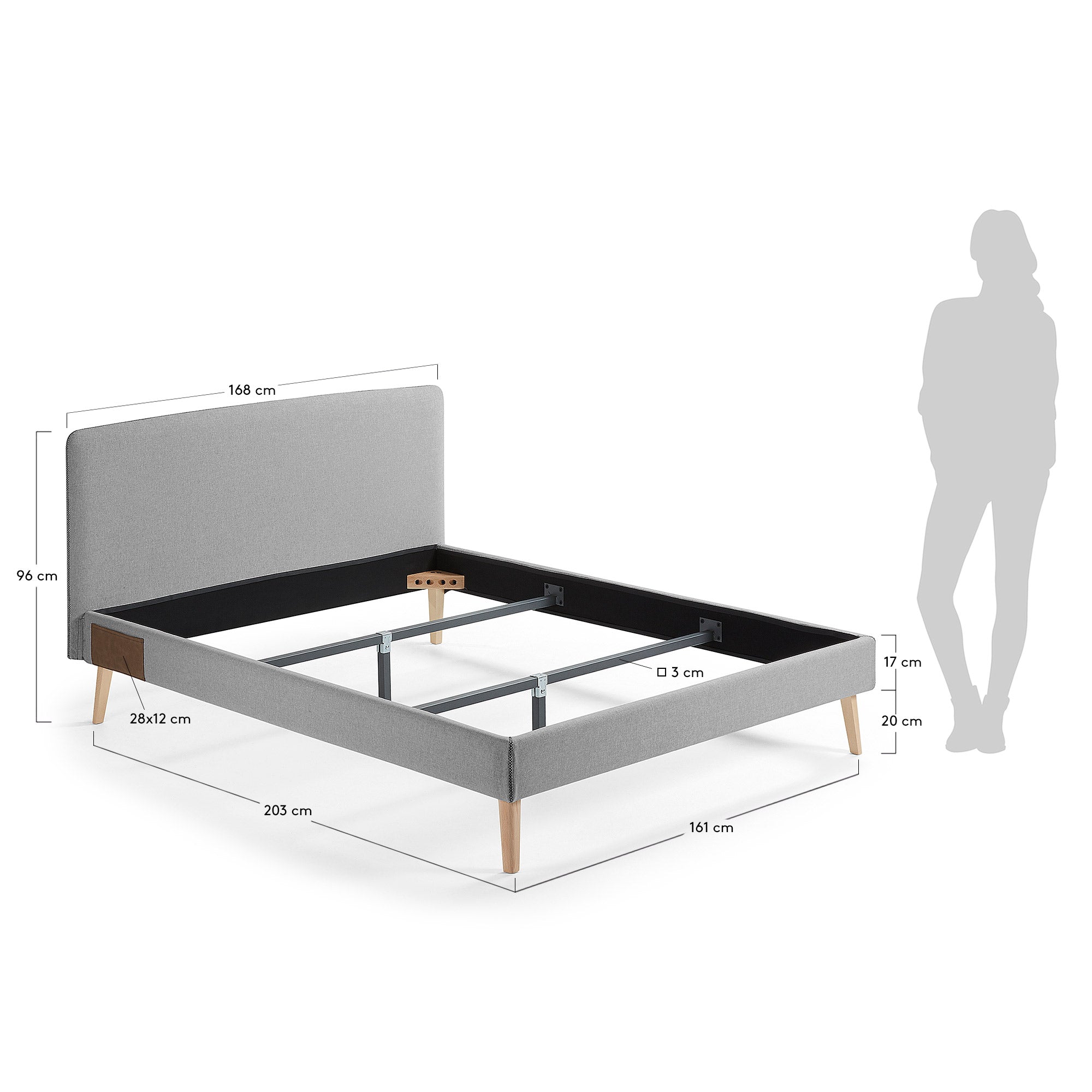 Dyla bed with removable cover in grey, with solid beech wood legs for a 150 x 190 cm mattress - Measurements