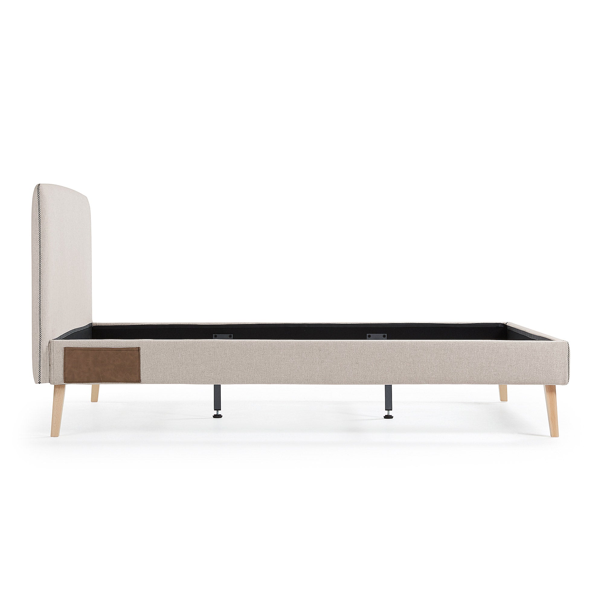 Dyla bed with removable cover in beige, with solid beech wood legs for a 150 x 190 cm mattress - Product Image
