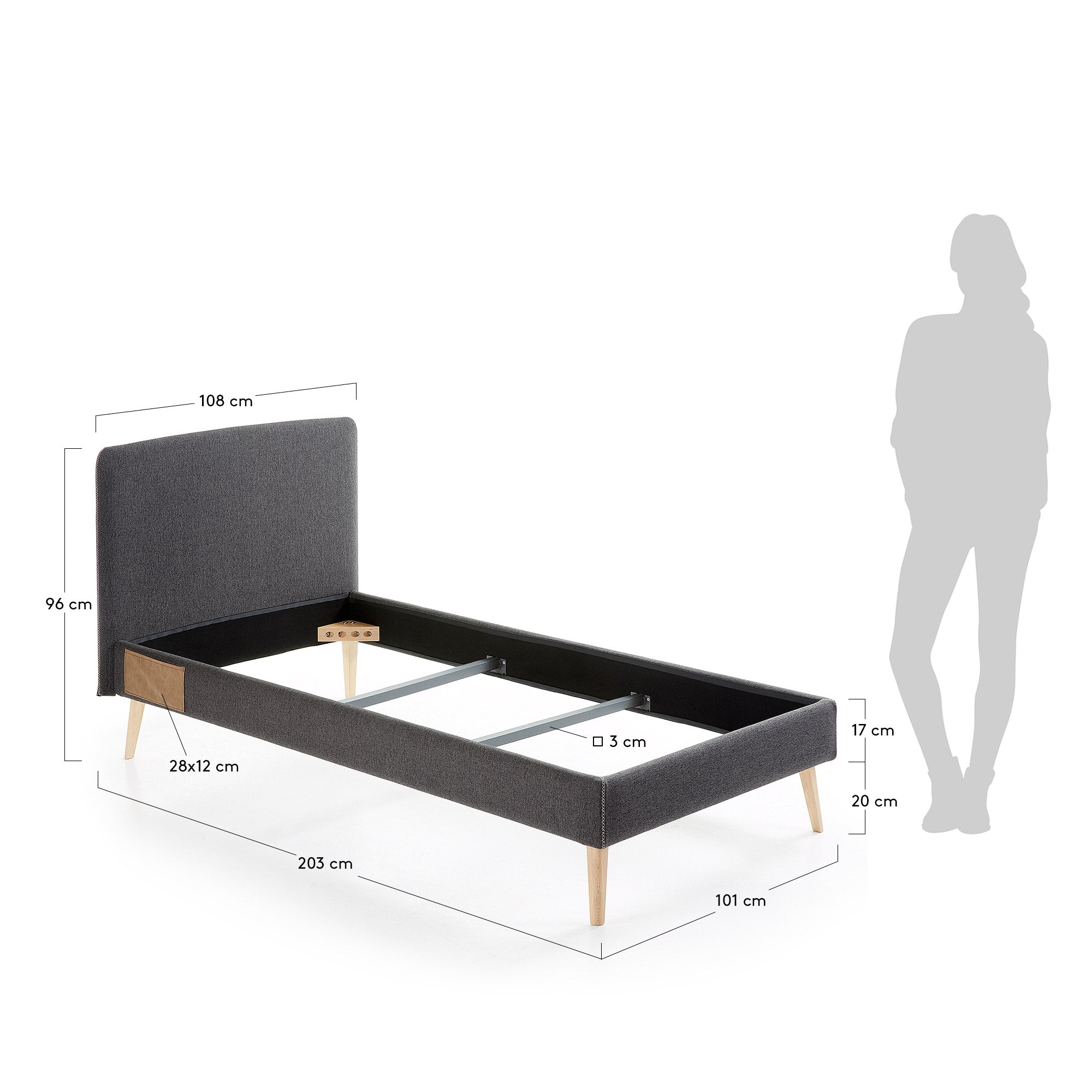 Dyla bed cover for a 90 x 190 cm mattress in black - Measurements