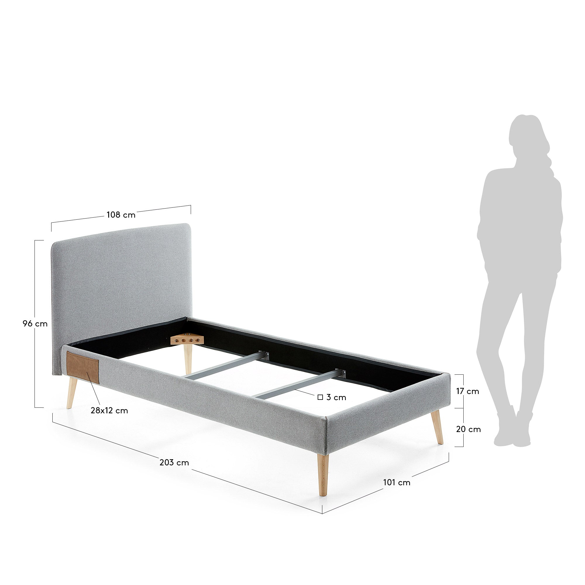 Dyla bed cover for a 90 x 190 cm mattress in grey - Measurements