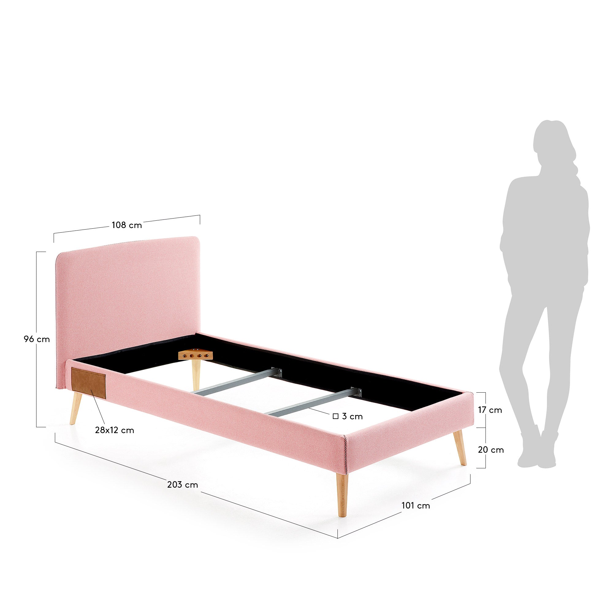 Dyla bed cover for a 90 x 190 cm mattress in pink - Measurements