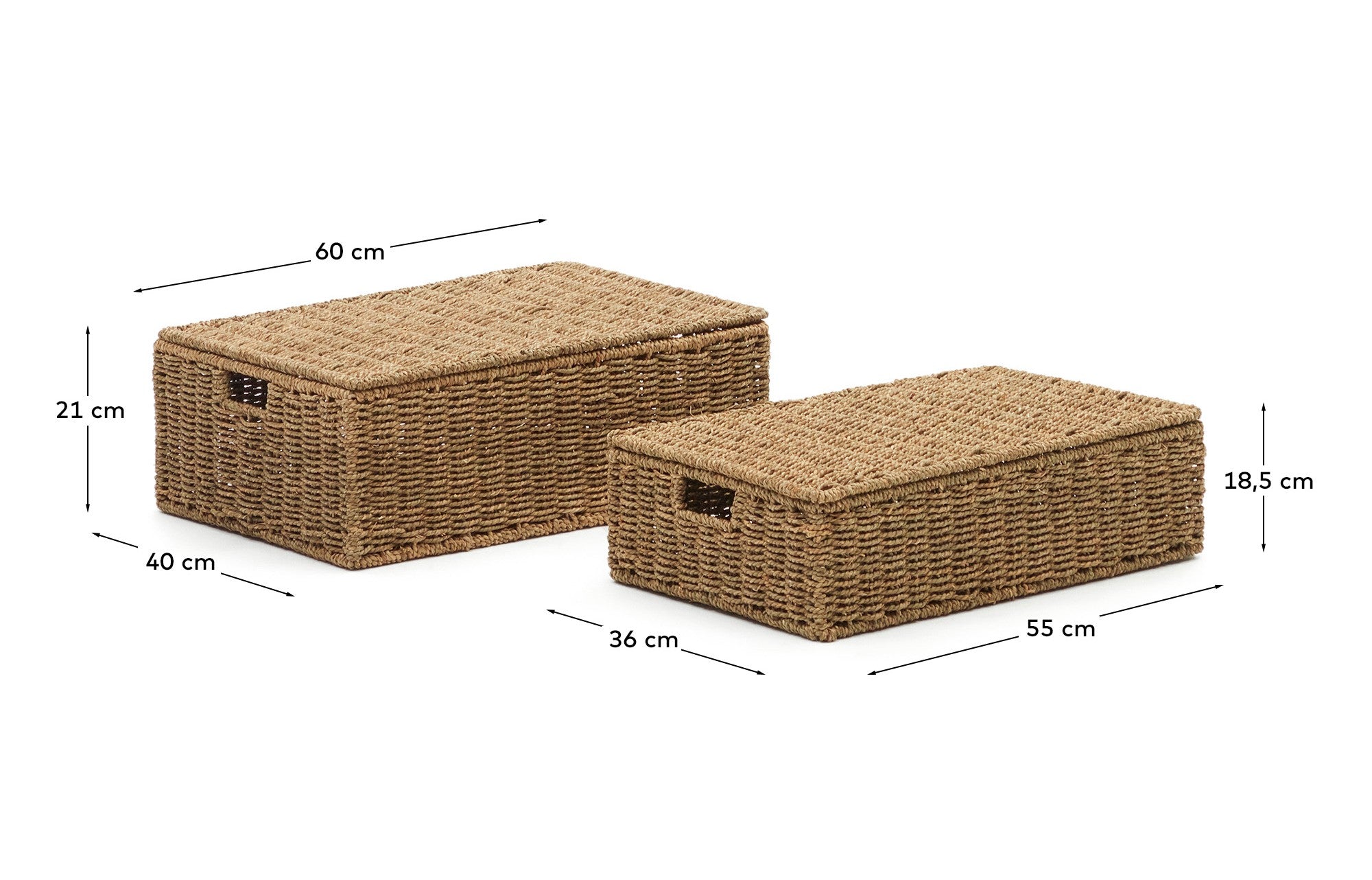 Tossa set of 2 natural fiber baskets with lids, 55 x 36 cm / 60 x 40 cm - Measurements