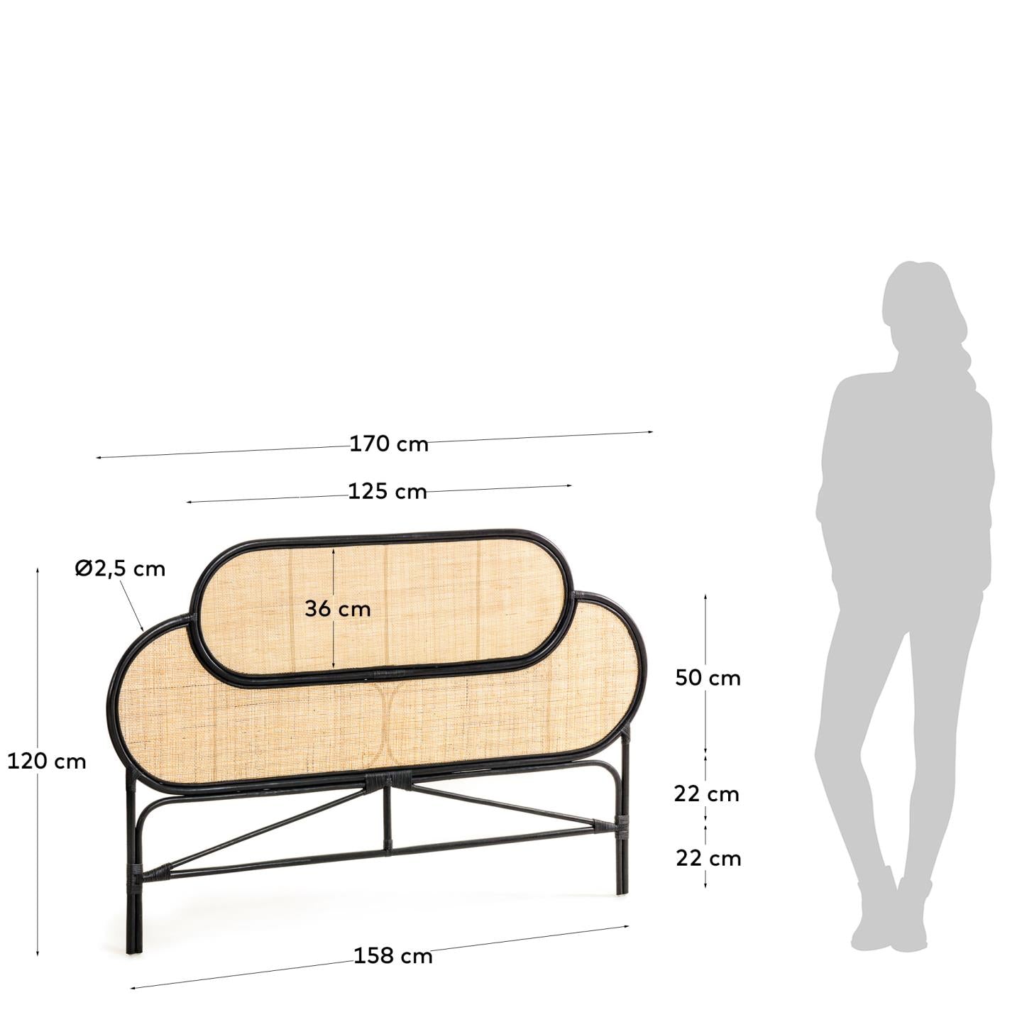 Lalita rattan headboard with a black finish, for 160 cm beds - Measurements