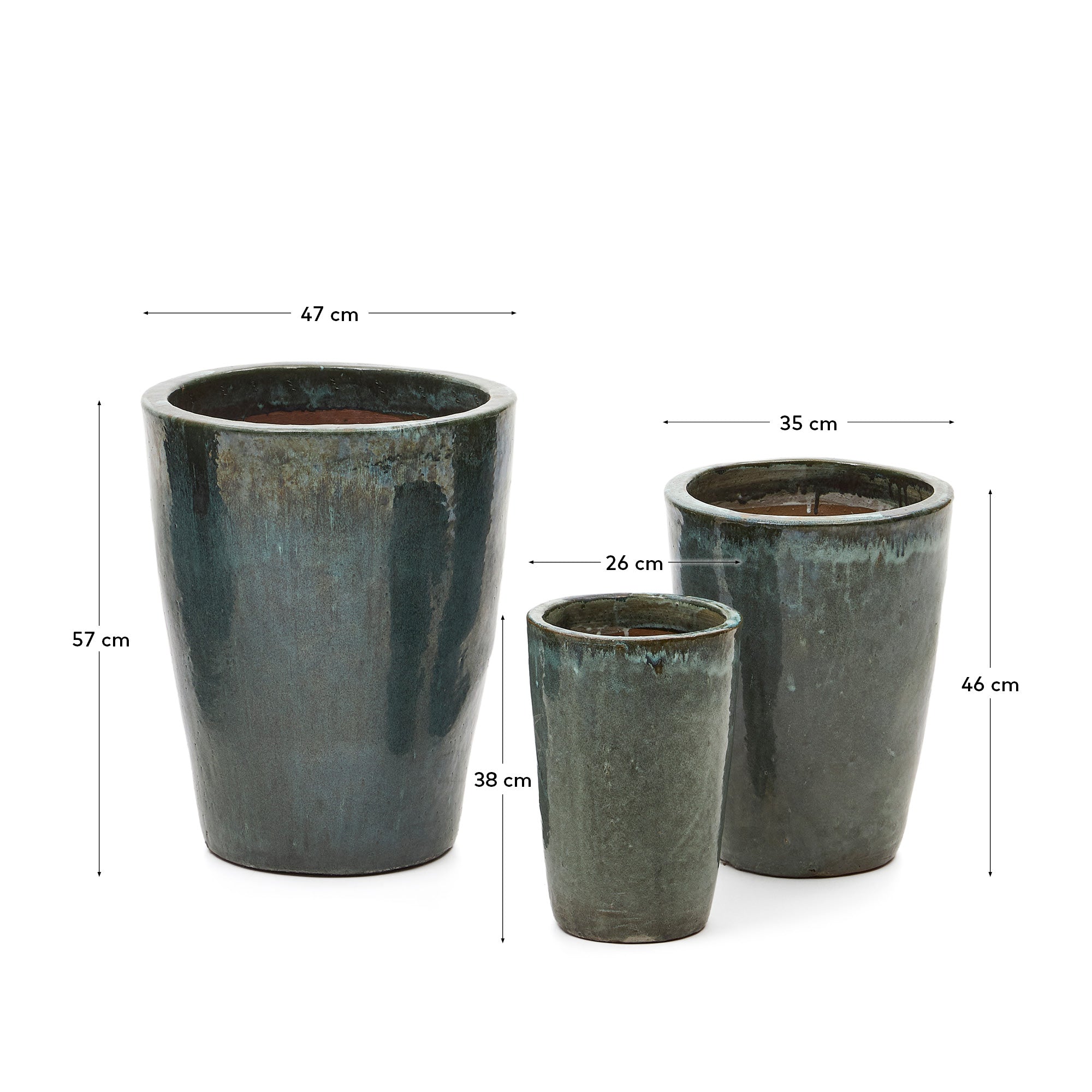 Rotja set of 3 terracotta planters with glazed blue finish Ø 26 / 35 / 47 cm - Measurements