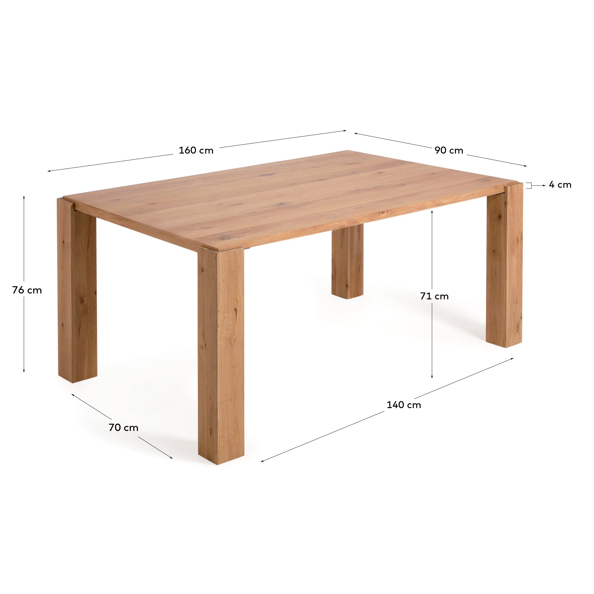 Deyanira table with oak veneer and solid oak legs 160 x 90 cm - Measurements