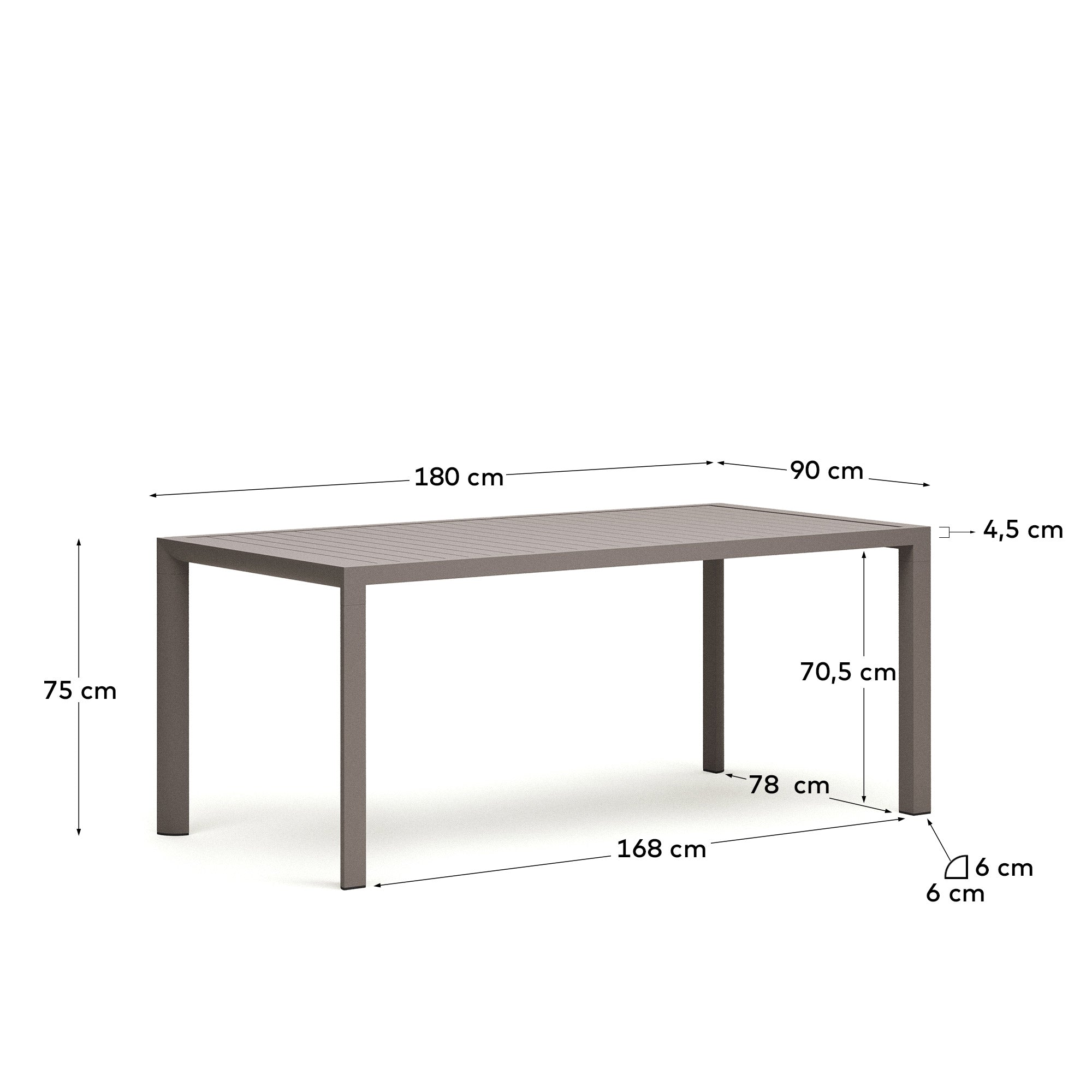 Culip aluminium outdoor table in powder coated brown finish, 180 x 90 cm - Measurements