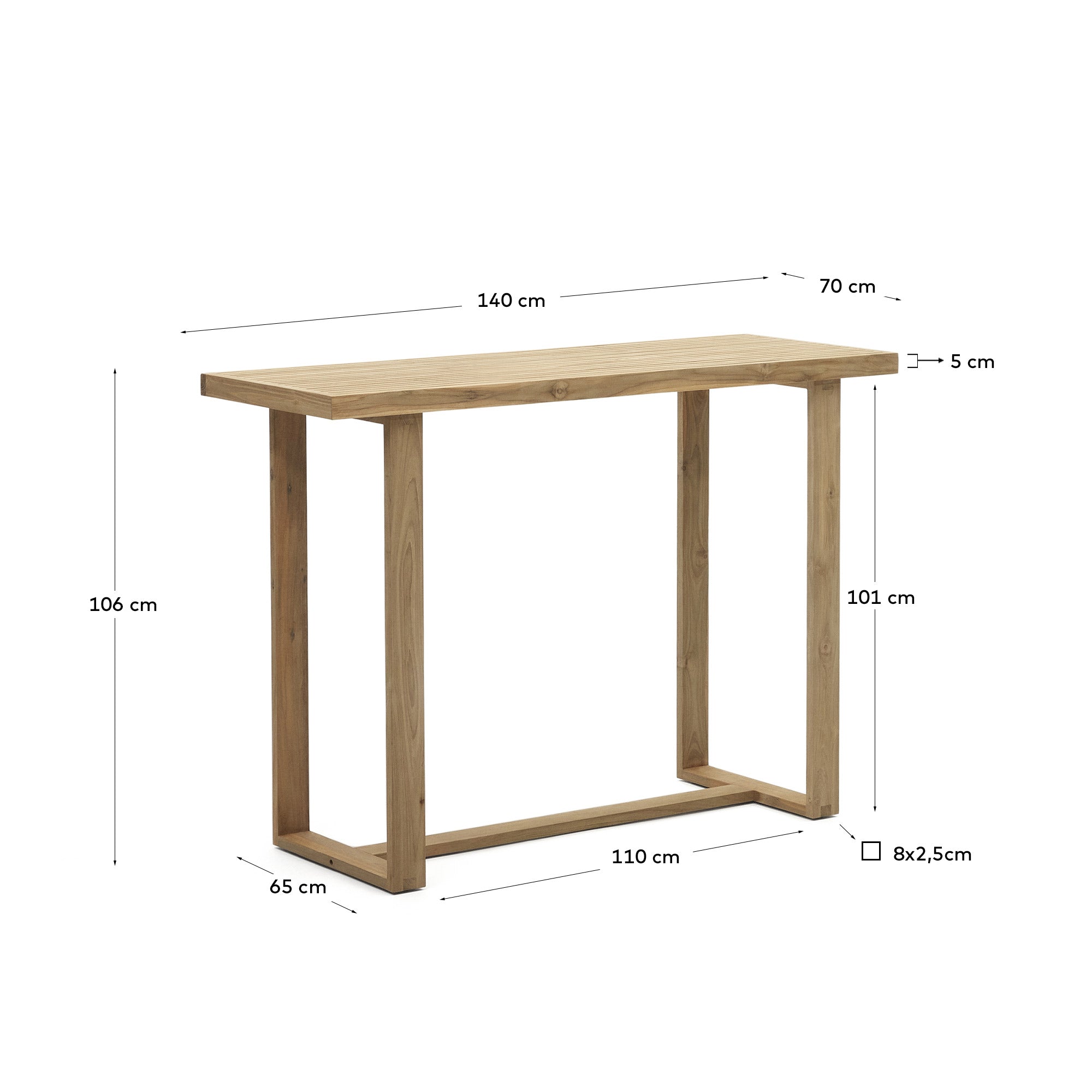 Canadell 100% outdoor solid recycled teak bar table, 140 x 70 cm - Measurements
