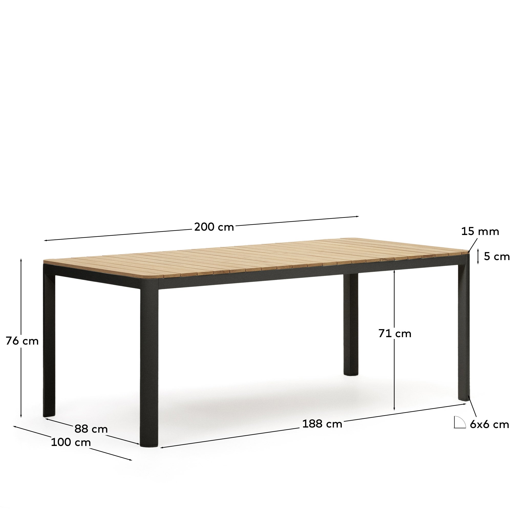 Bona aluminium and solid teak table, 100% outdoor suitable with black finish, 200 x 100 cm - Measurements
