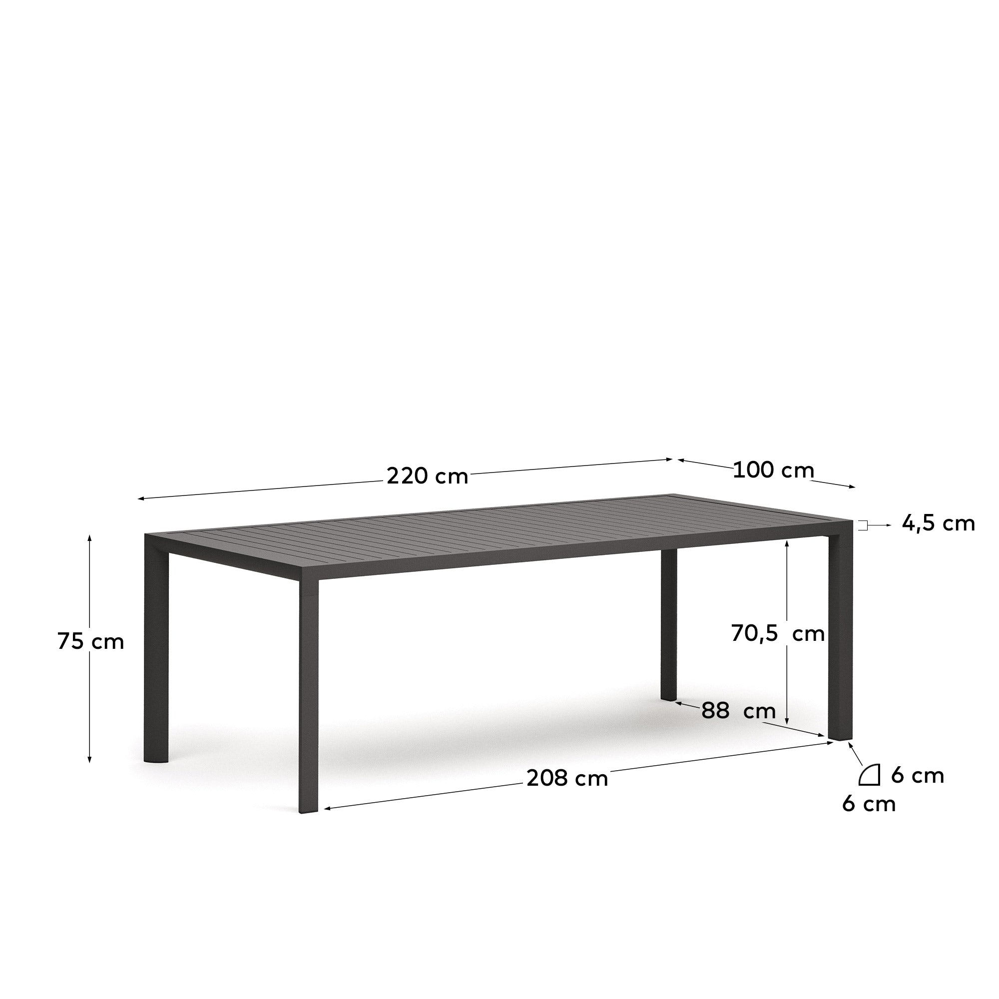 Culip aluminium outdoor table in powder coated grey finish, 220 x 100 cm - Measurements