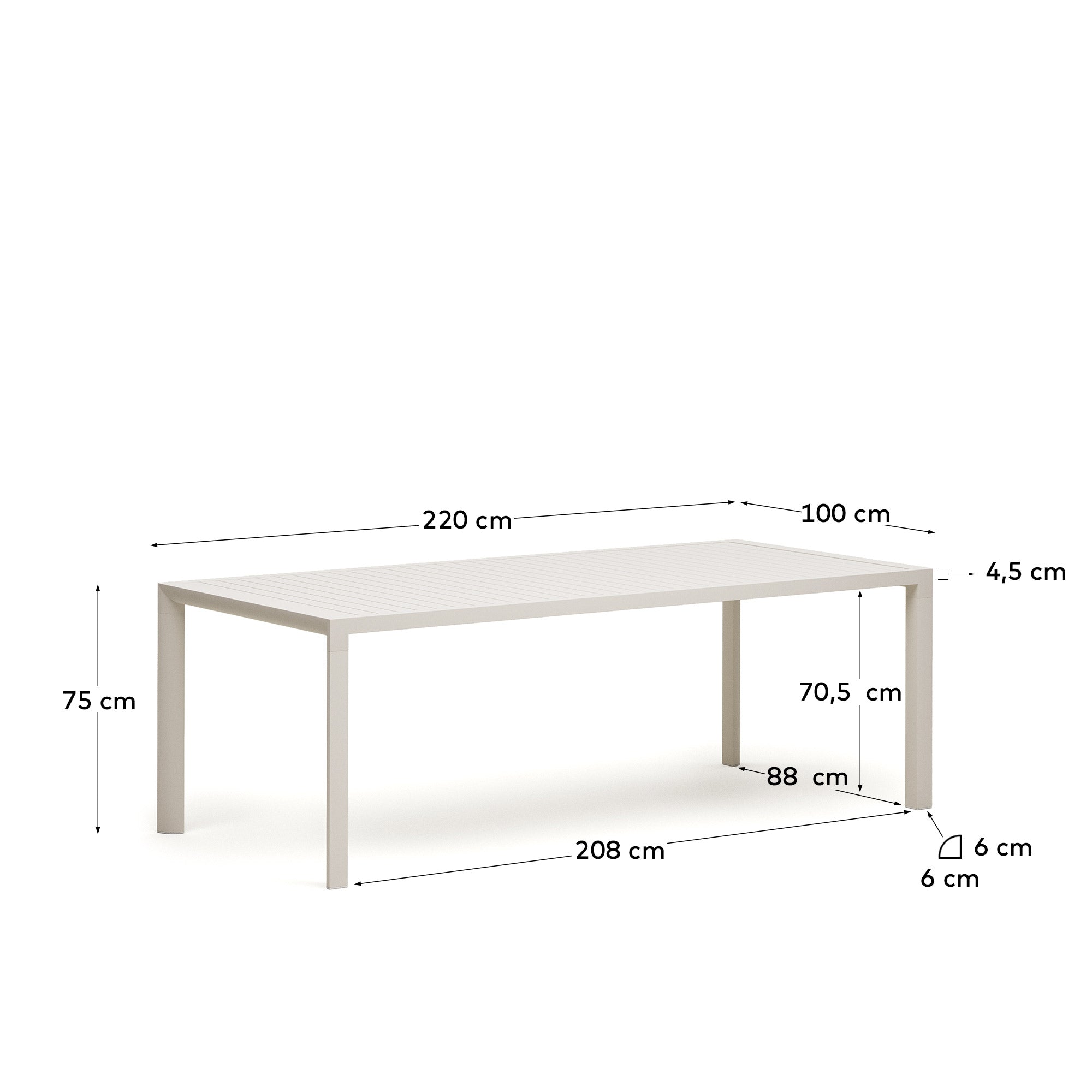 Culip aluminium outdoor table in powder coated white finish, 220 x 100 cm - Measurements