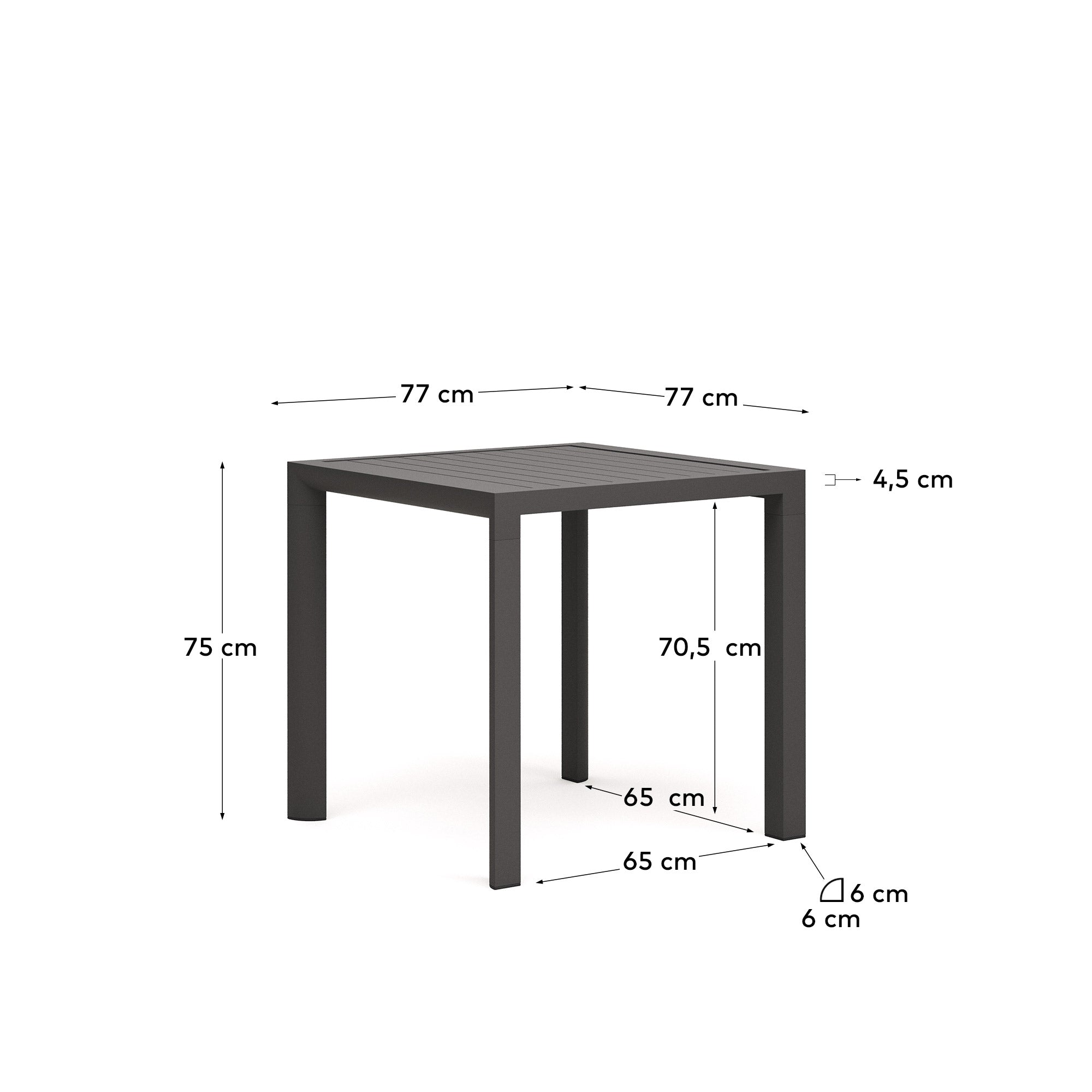 Culip aluminium outdoor table in powder coated grey finish, 77 x 77 cm - Measurements