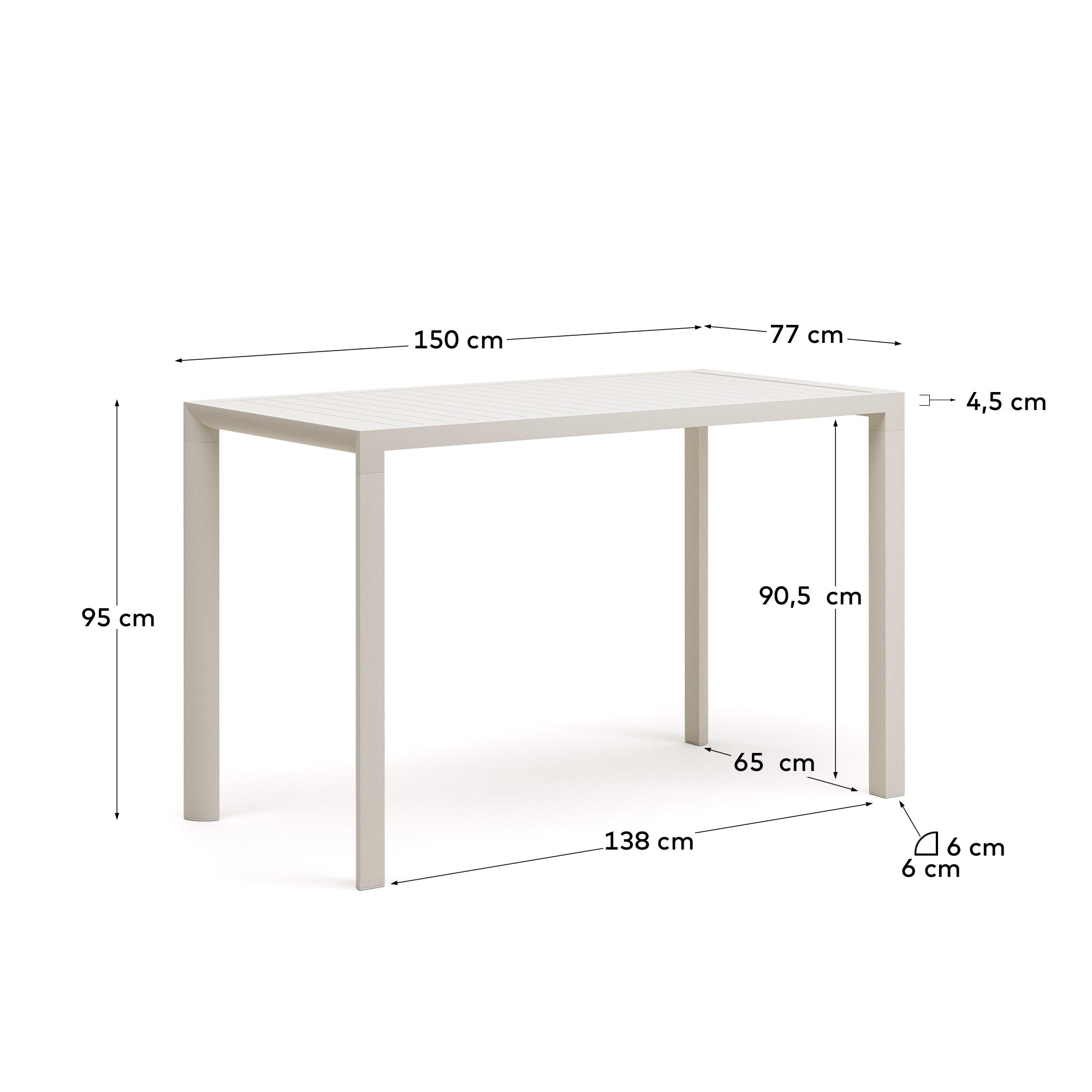 Culip aluminium outdoor bar table in powder coated white finish, 150 x 77 cm - Measurements