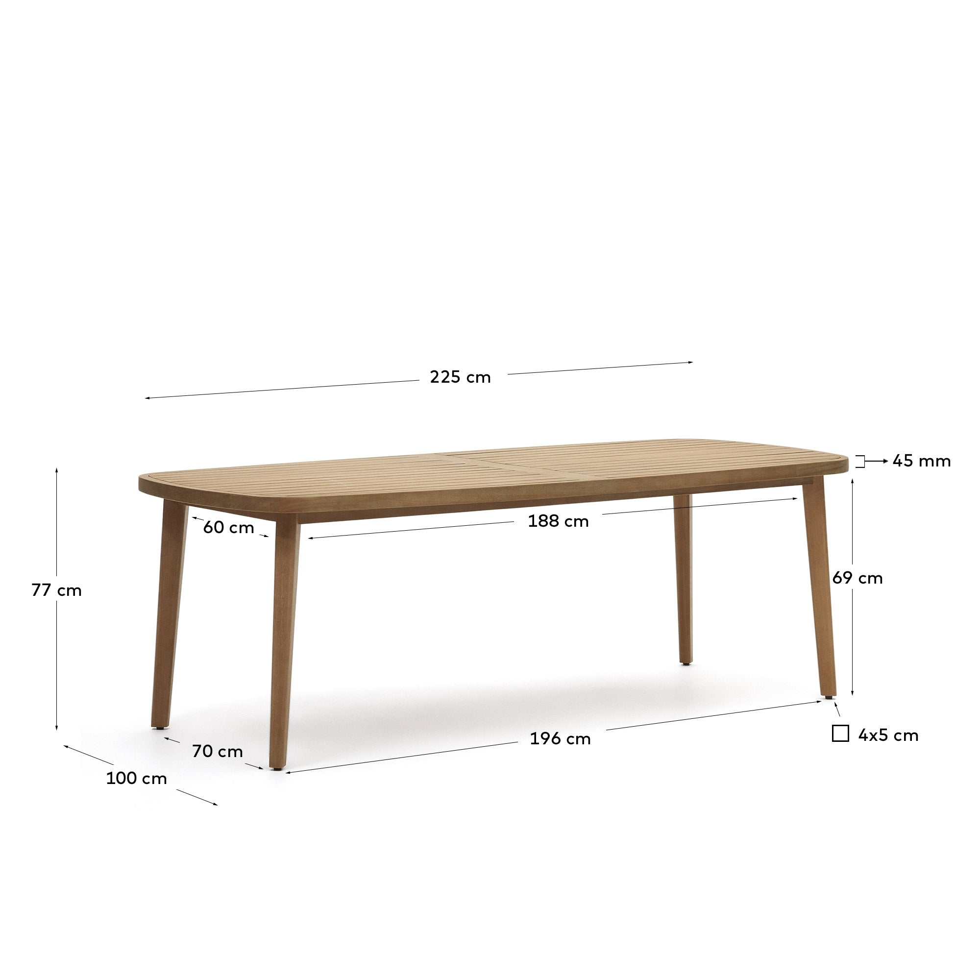 Maset 100% outdoor suitable table in solid eucalyptus wood, 225 x 100 cm, FSC - Measurements