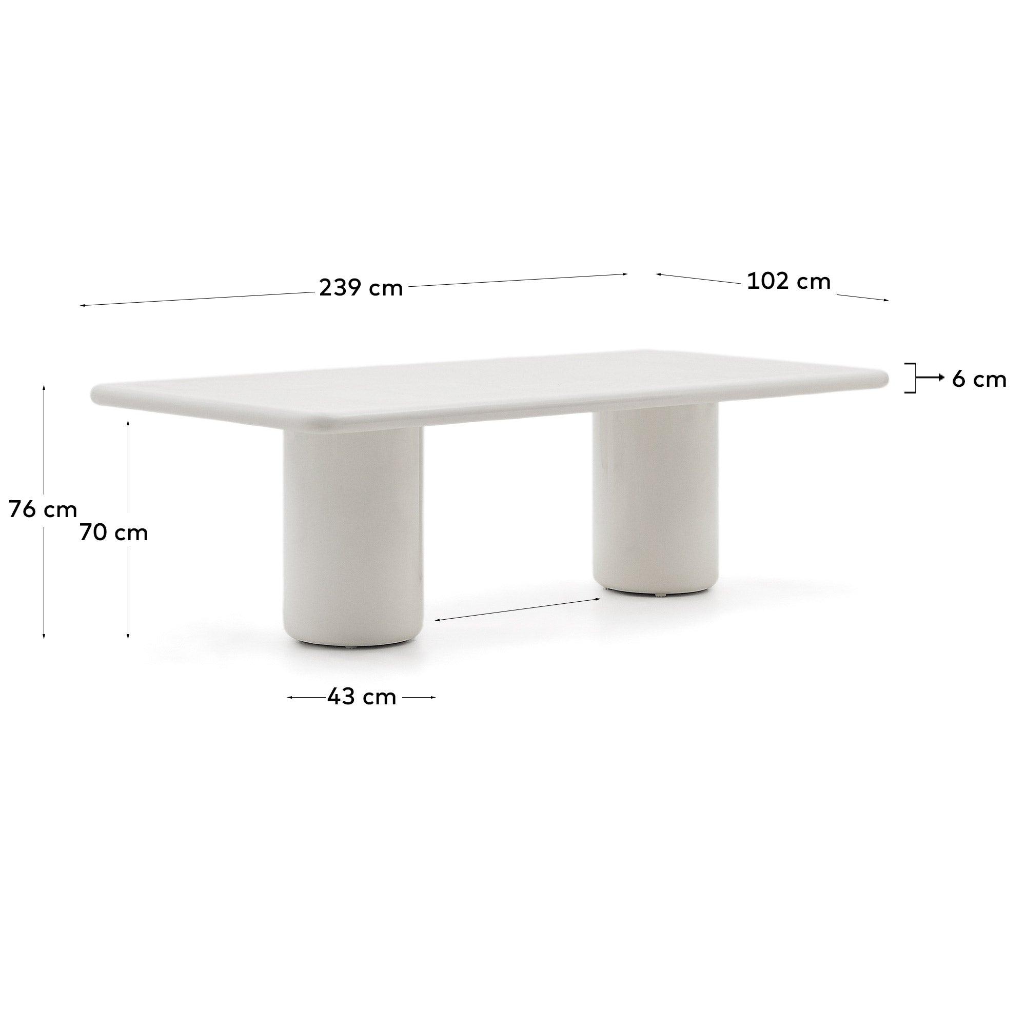 Canaret cement table in a glossy white finish, 239 cm x 102 cm - Measurements