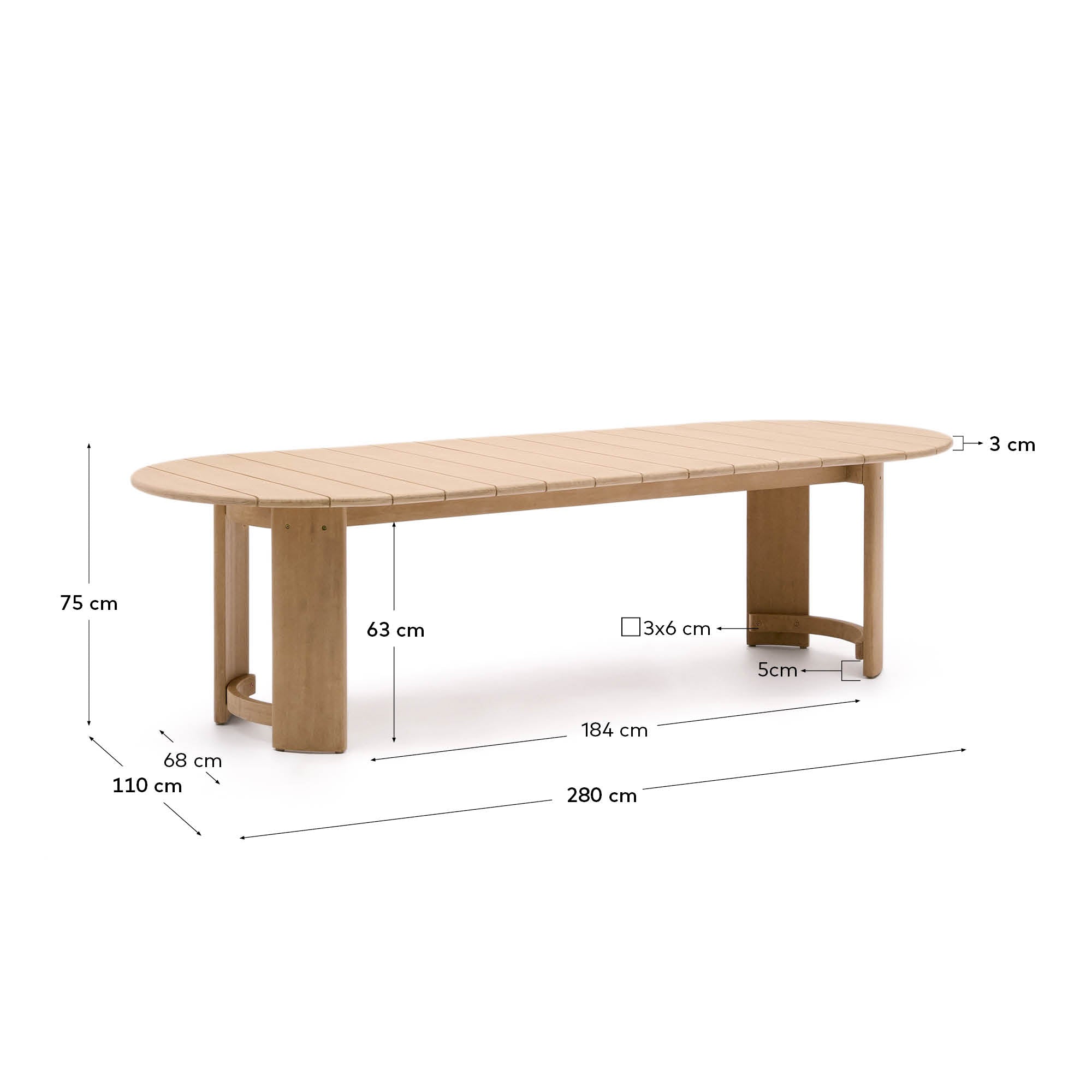 Xoriguer table made of solid eucalyptus wood, 280 x 110 cm, FSC 100% - Measurements