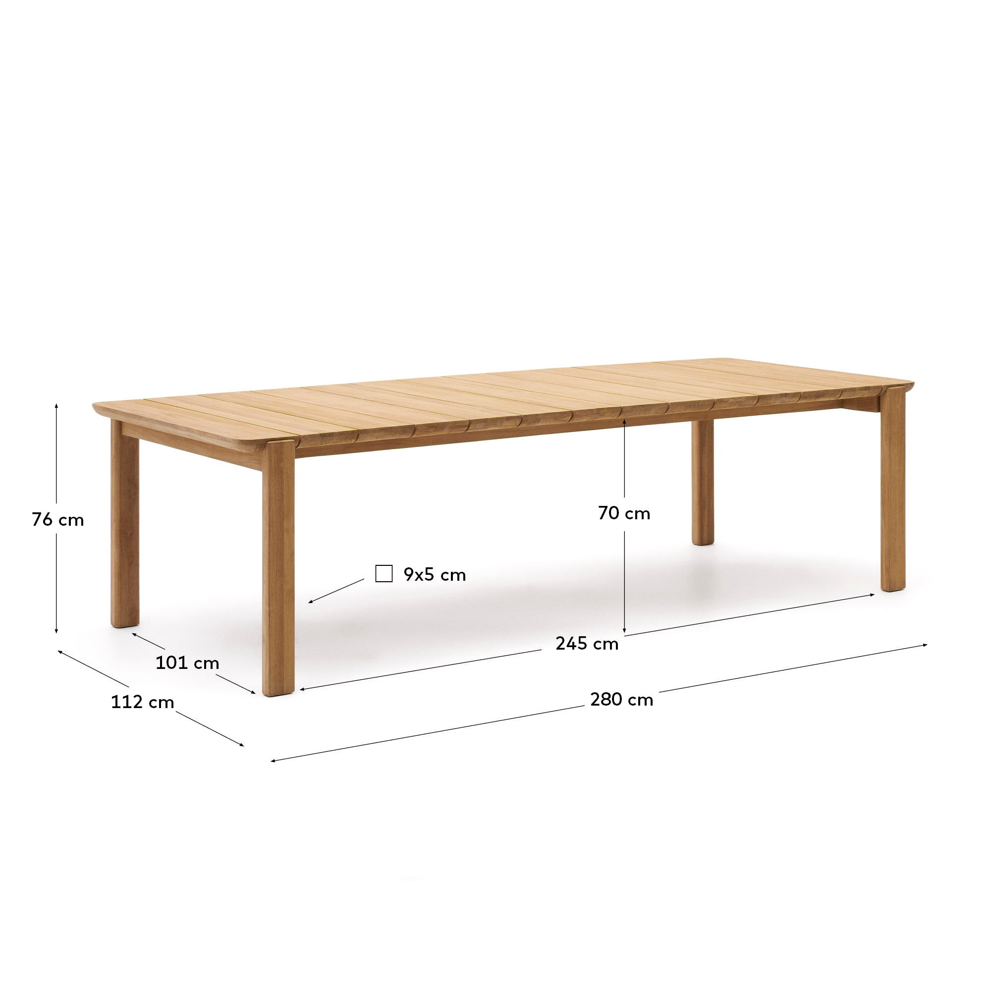 Icaro table made from solid teak wood, 280 x 112 cm, FSC 100% - Measurements