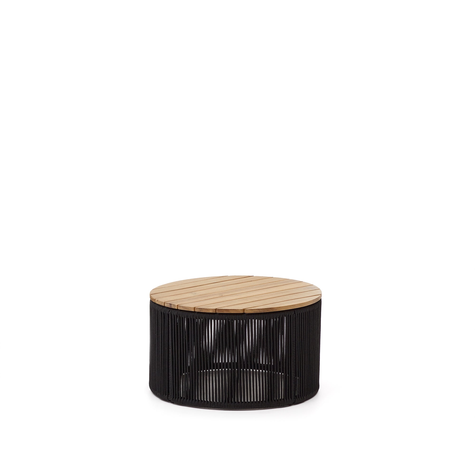 Dandara kávézóasztal acélból, fekete kötéllel és 100% FSC minősített szilárd akácfa, Ø60 cm