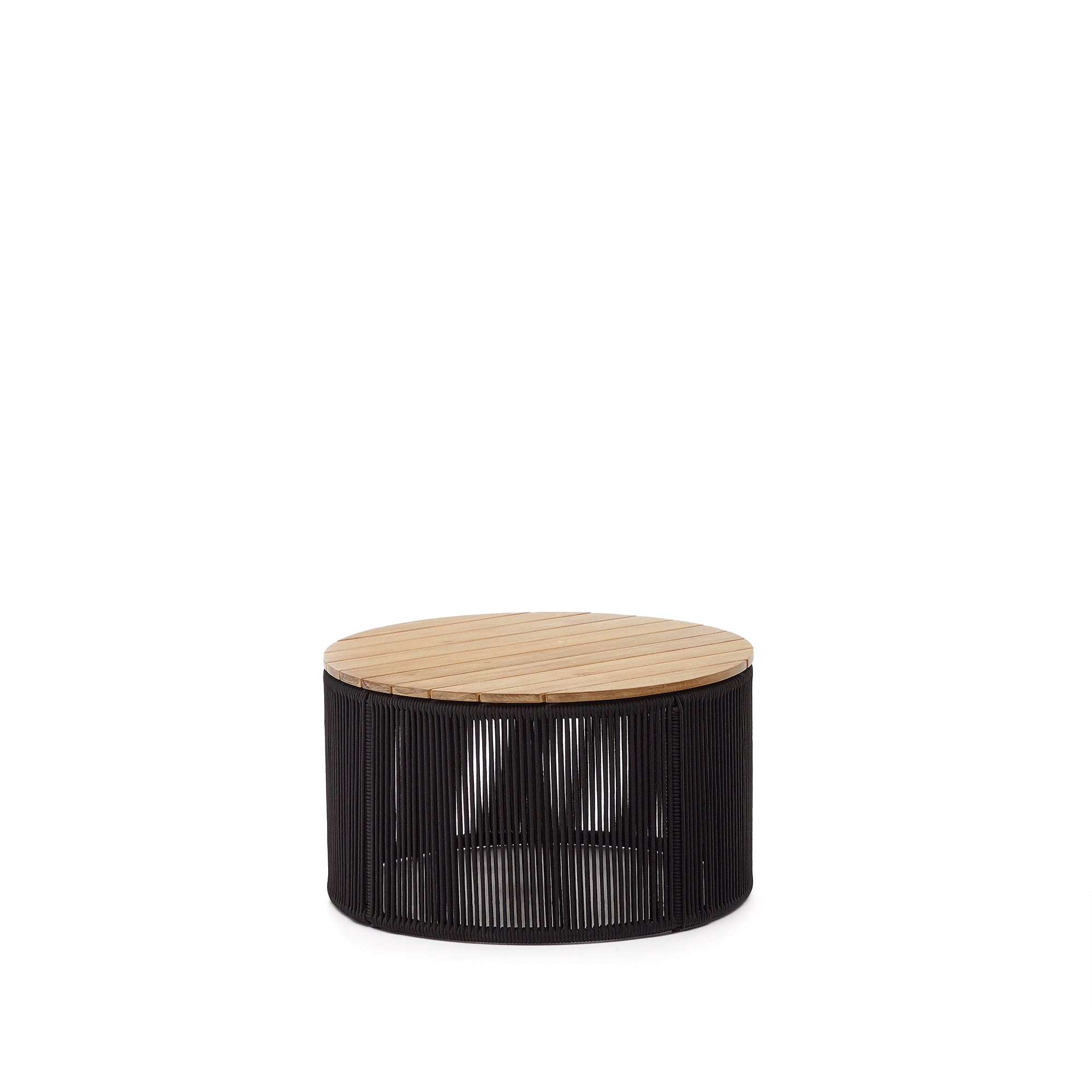 Dandara kávézóasztal acélból, fekete kötélből és 100% FSC minősített masszív akácfa, Ø70 cm