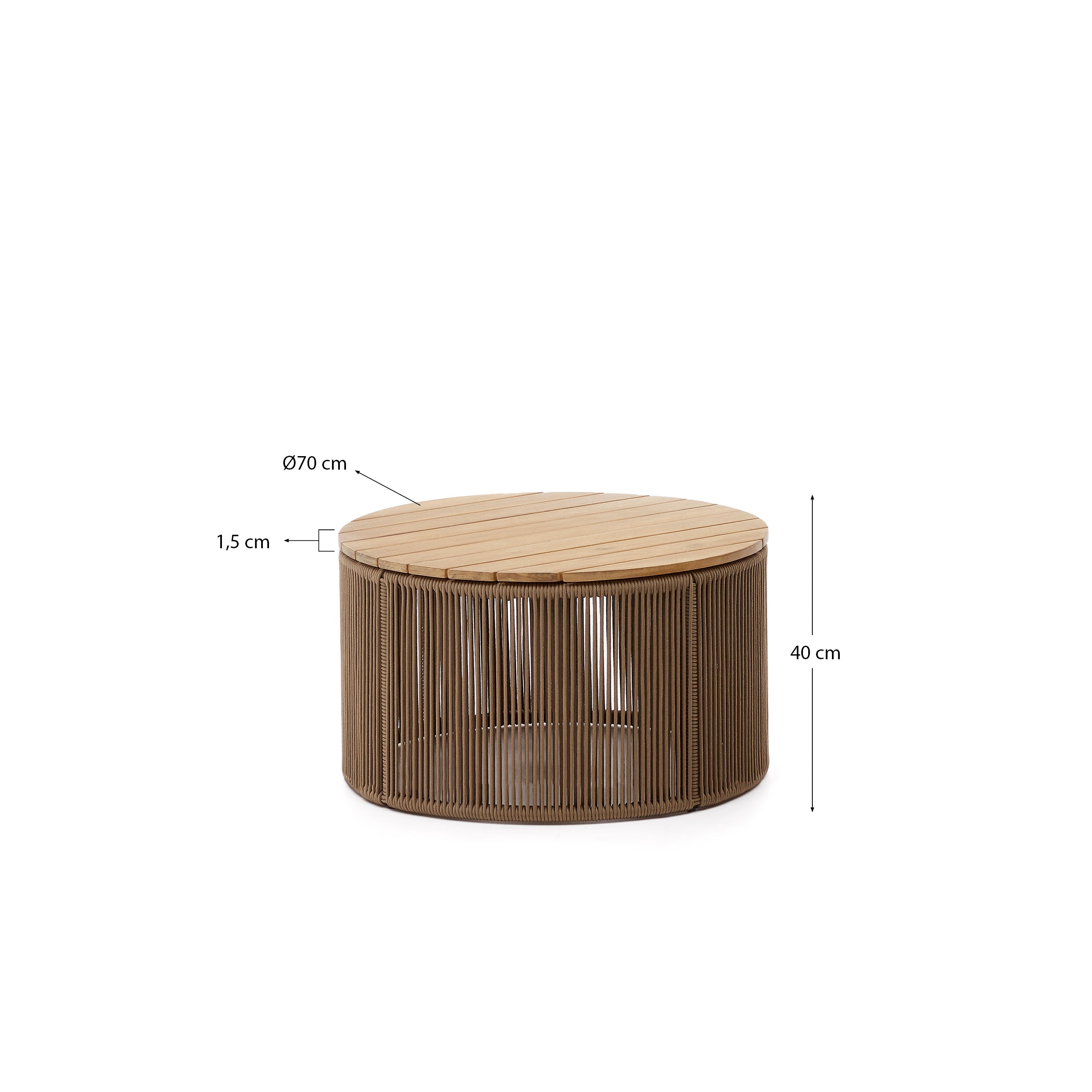Dandara coffee table made of steel, beige cord and solid acacia wood, Ø70 cm FSC 100% - Measurements